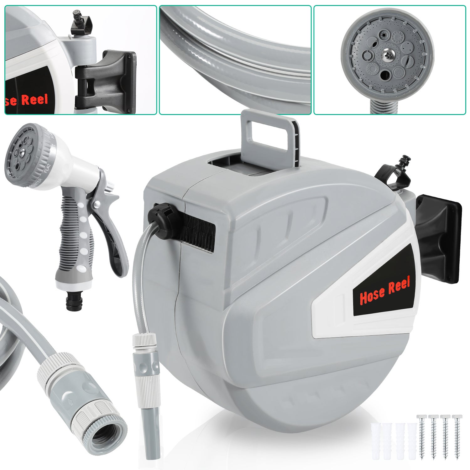 Enrouleur De Tuyau 30+2m Pression 8 Bar avec Pistolet à Eau (9 Modes de Jet Réglables) Rétractation Automatique Pneumatique Pivotant à 180° - 3