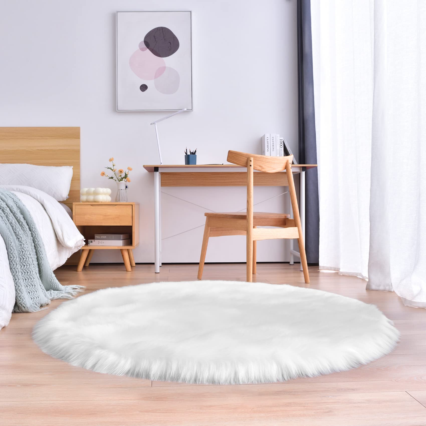 Tapis rond blanc, tapis de chambre doux, tapis à poils épais, tapis rond pelucheux, lavable en machine - 6