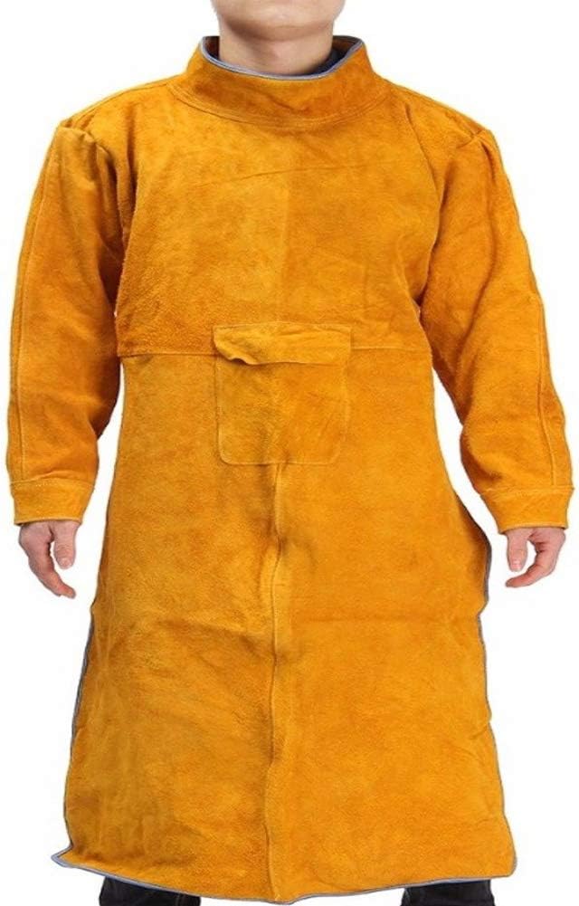 1 tablier de soudage anti-flamme en cuir de vache, manteau long, vêtements de protection, combinaison de soudeur,105 cm (jaune) - 3