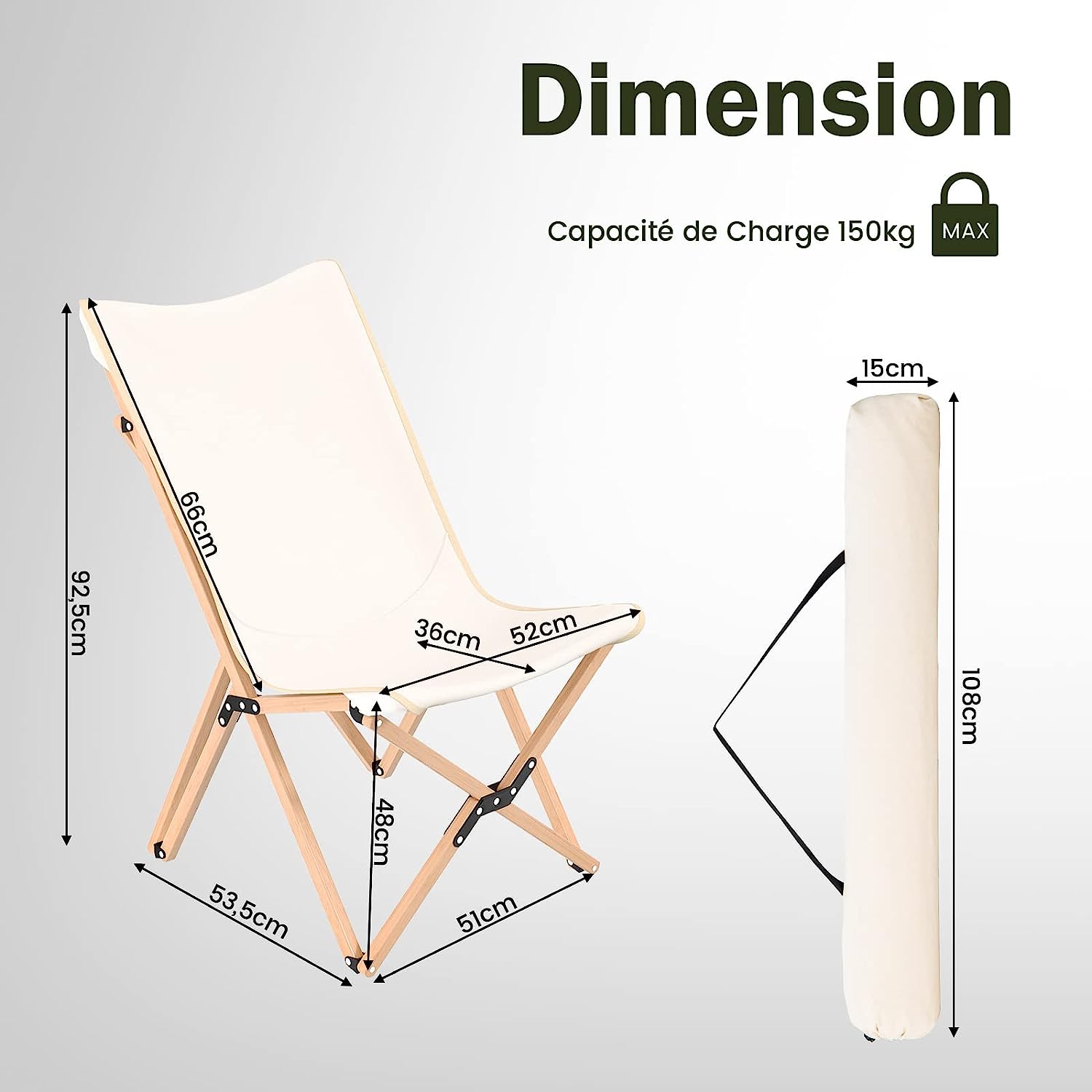 Leżak 2-Częściowy Zestaw, Składane Krzesło Z Bambusa Z Kieszenią Boczną, Obciążenie Do 150 Kg, Kempingowe Z Torbą Do Przenoszenia, Plażowe - 5