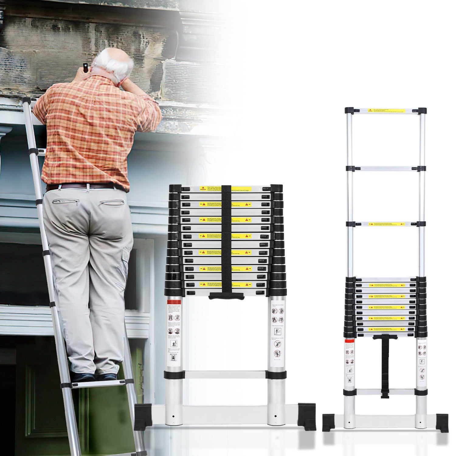 Échelle télescopique Premium Alu 4,4M avec stabilisateur, antidérapante ...