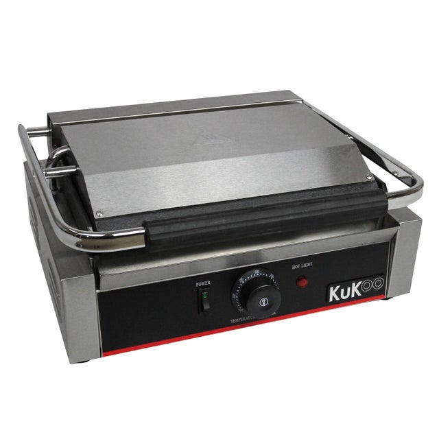 KuKoo - Piastra per Panini Professionale con Griglia Rigata, 2200W, 50-300°C, Acciaio Inox e Griglia in Ghisa per