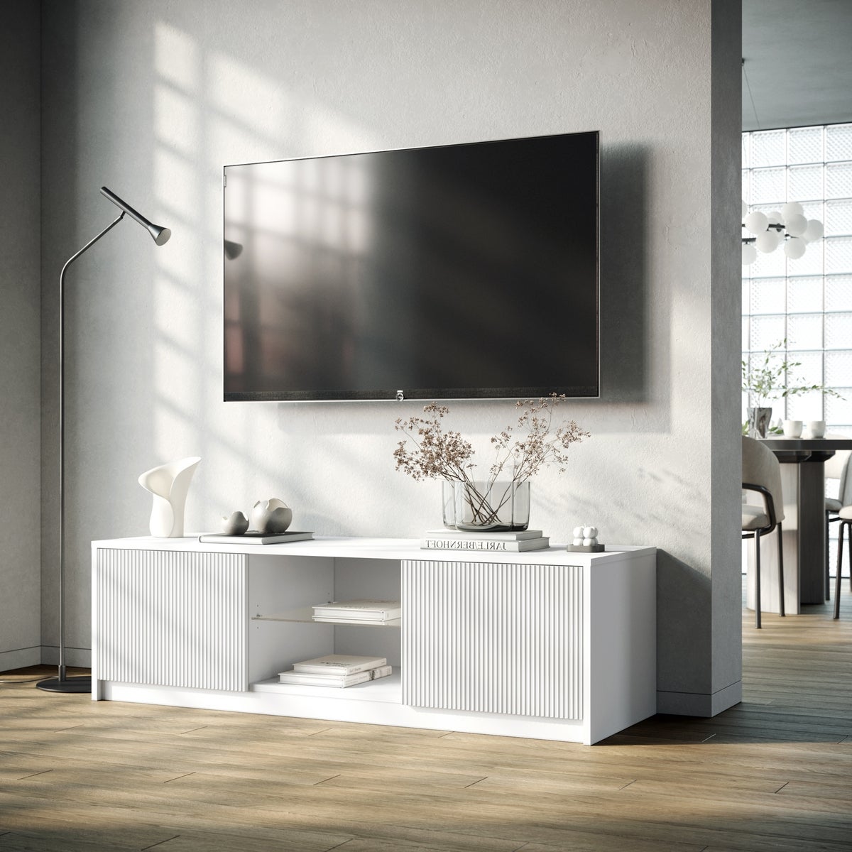 Mobile porta TV moderno con ante frontali cannettate 150x50x45cm Budapest - Bianco - 2
