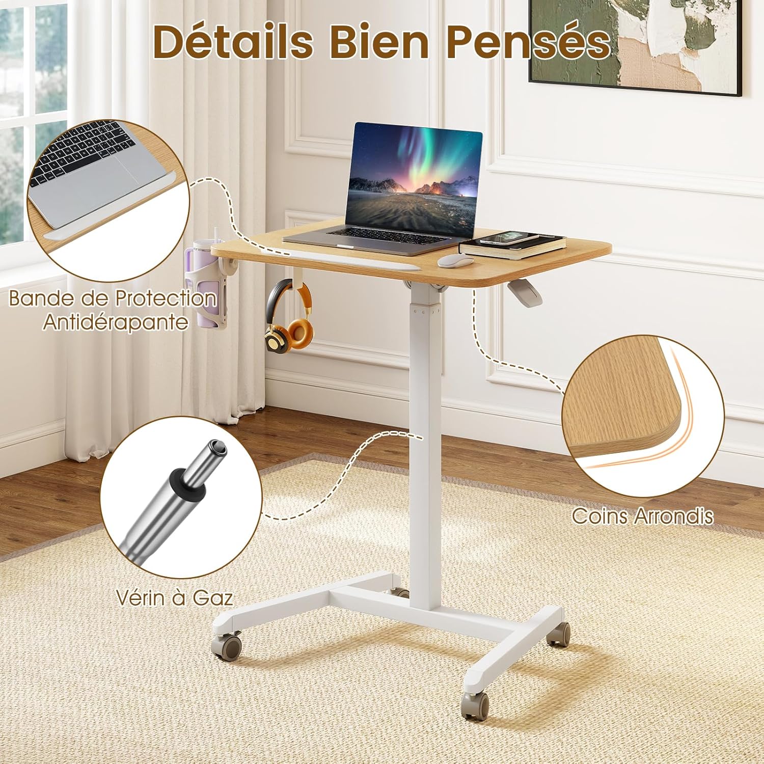 Bureau Assis-Debout, Hauteur Réglable 76-111cm, Plateau Inclinable à 90°, Mobile avec roulettes (2 Verrouillables), avec Crochet et Porte-gobelet - 8