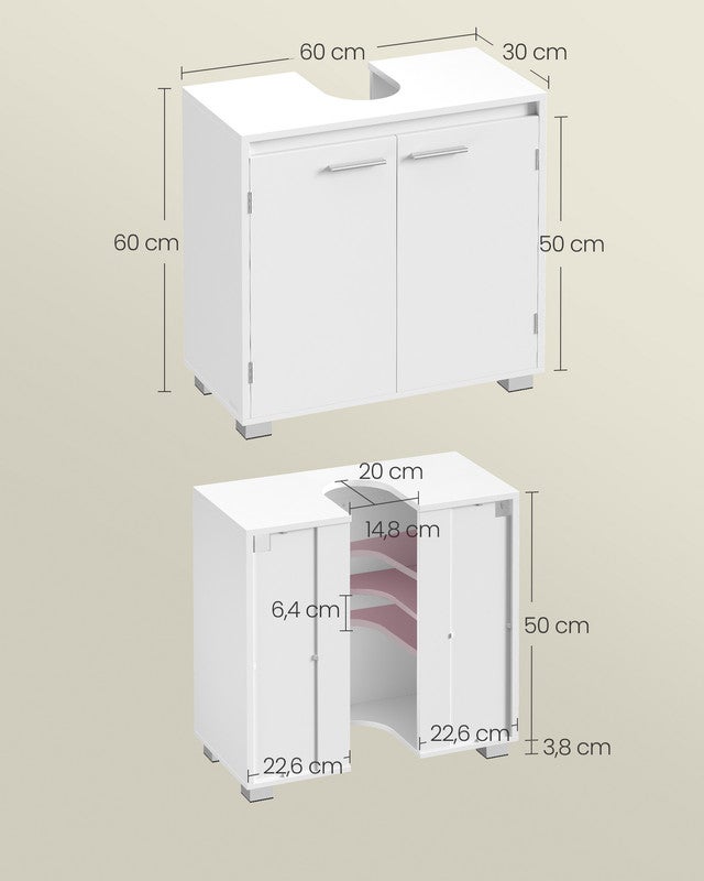 Meuble sous Lavabo, 2 Compartiments derrière Les Portes, pour Divers Types de Lavabos, avec Pieds, 30 x 60 x 60 cm, Blanc Nuage - 5