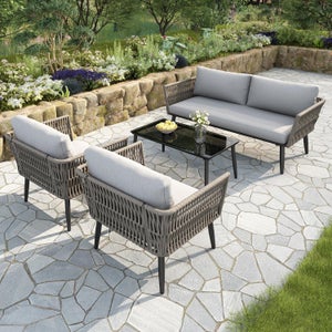 Set Divano Giardino A Forma Di L – 6 Posti Con 2 Tavolini, Beige, Braccioli Intrecciati E Cuscini Spessi 8 Cm – Resistente Alle Intemperie