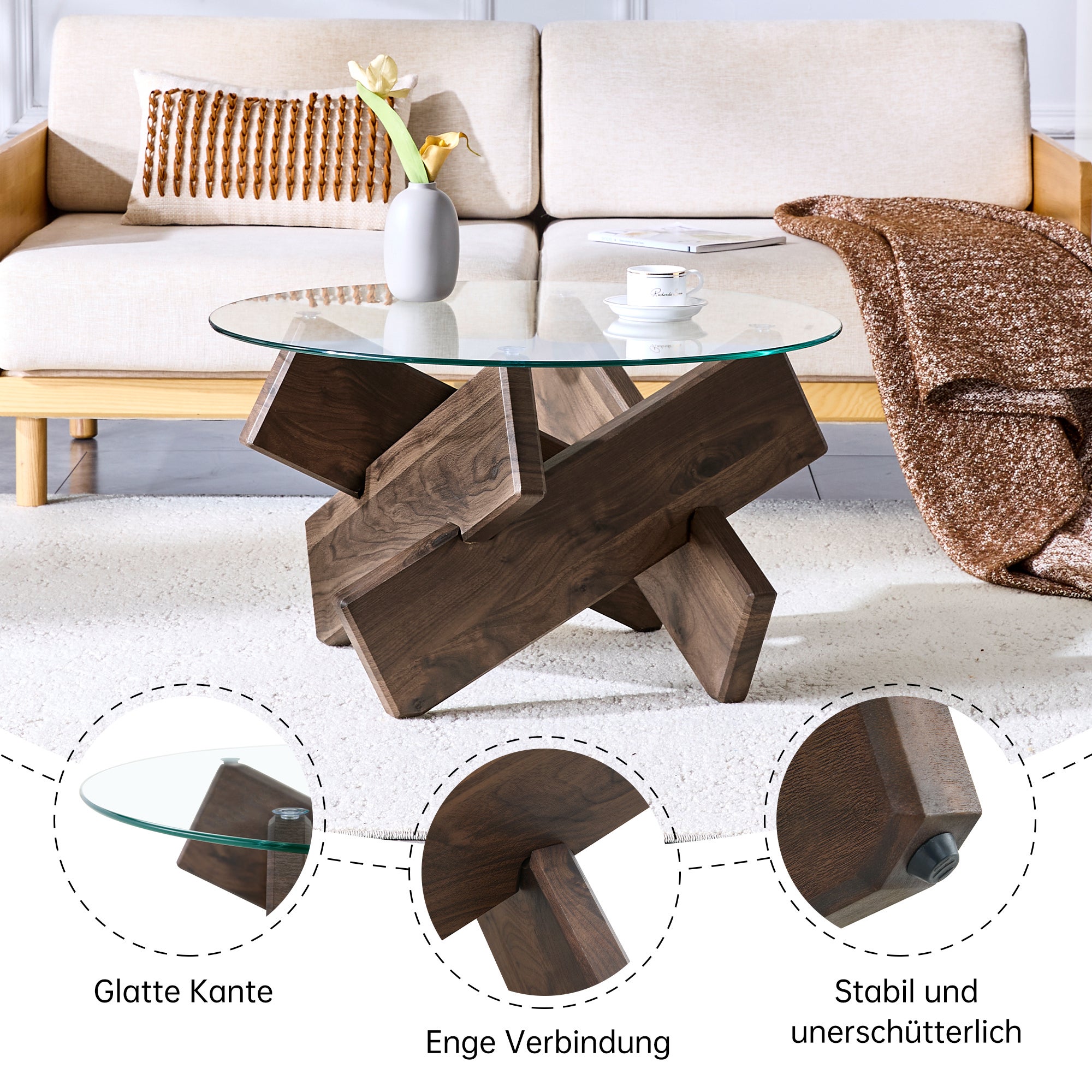 Table basse ronde multifonction en verre trempé et bois, plateau épais 0,8cm et pieds effet noyer foncé, design moderne et chic, 79x79x45cm, Marron - 5