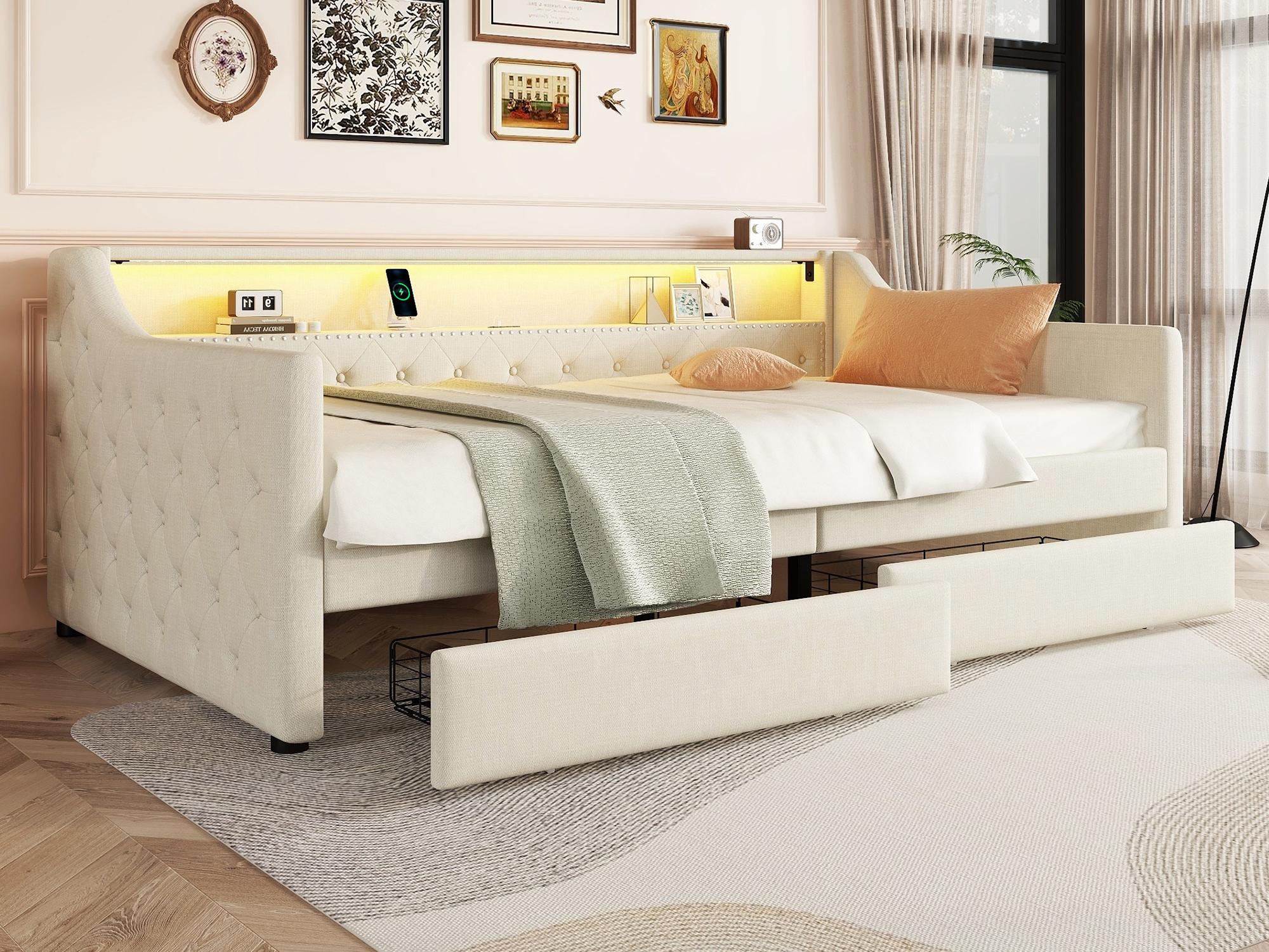 Pojedyncze łóżko w pościeli 90x200cm z LED - 2 szuflady i porty USB - z listwową podstawą - Beżowy