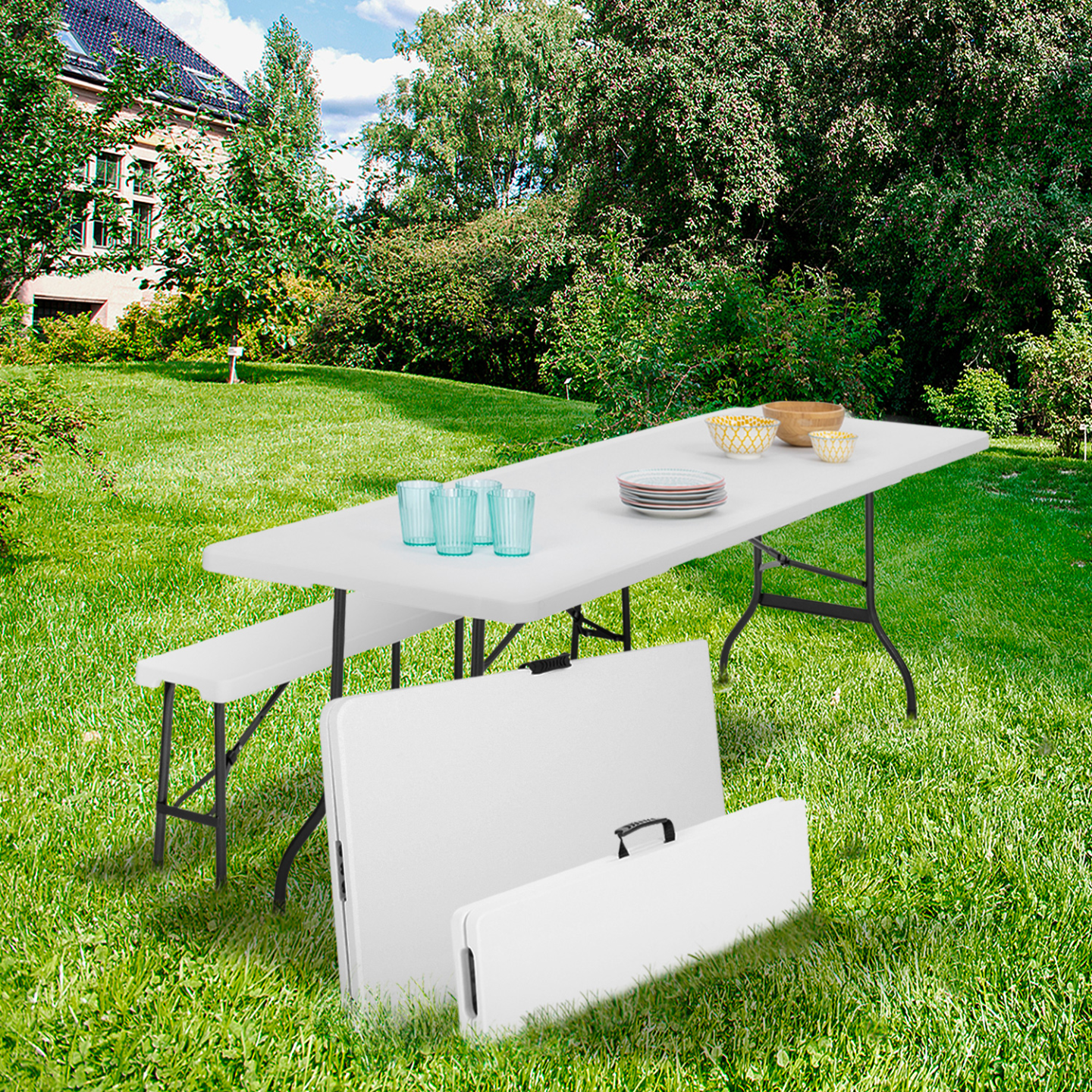 Table pliante d'appoint portable 180 CM et 2 bancs pliables pour camping ou réception - 3
