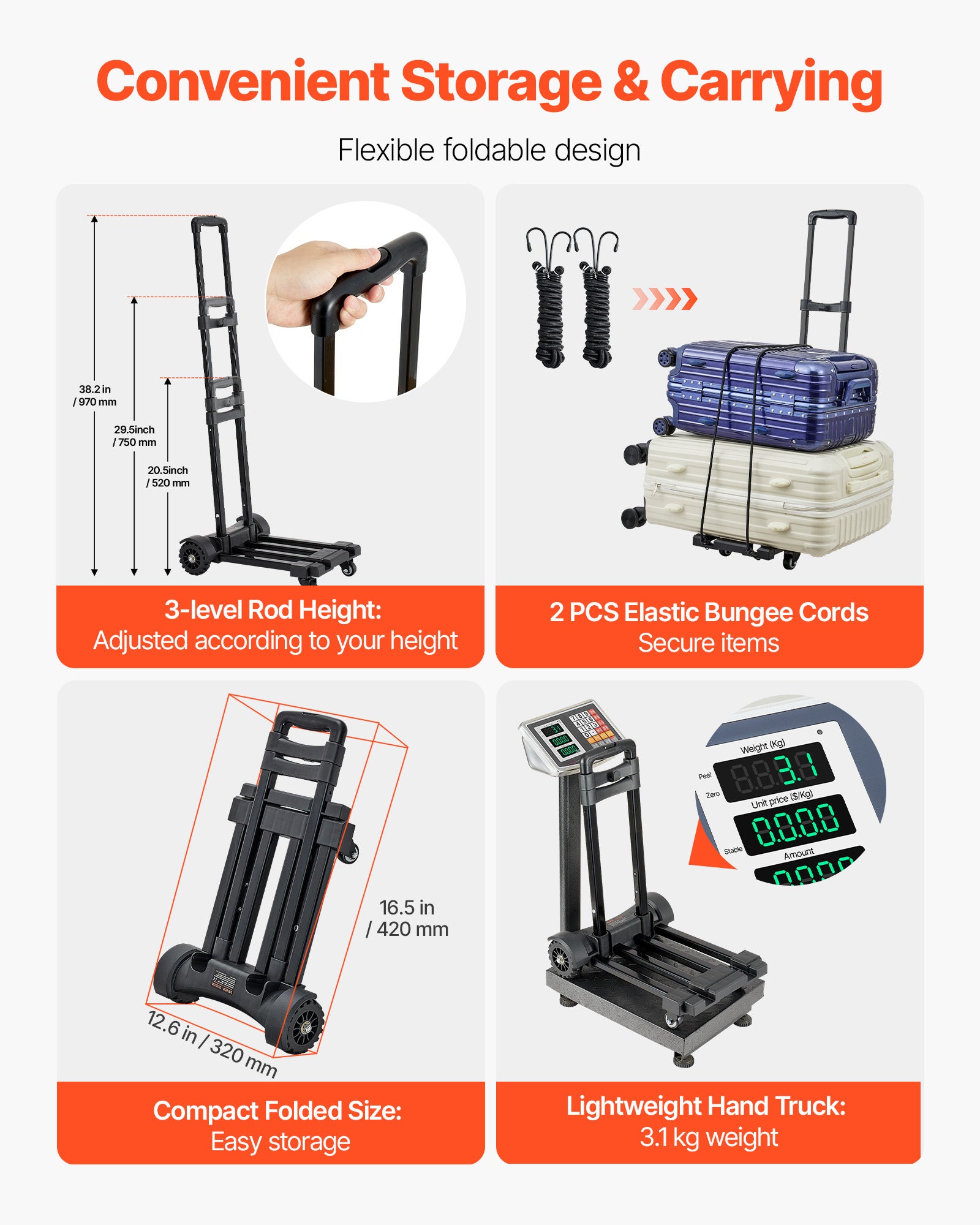 Carrinho dobrável 4 rodas VEVOR, capacidade 131,5 kg, 2 cordas elásticas, base extensível, carrinho utilitário para mudança, escritório, preto - 3
