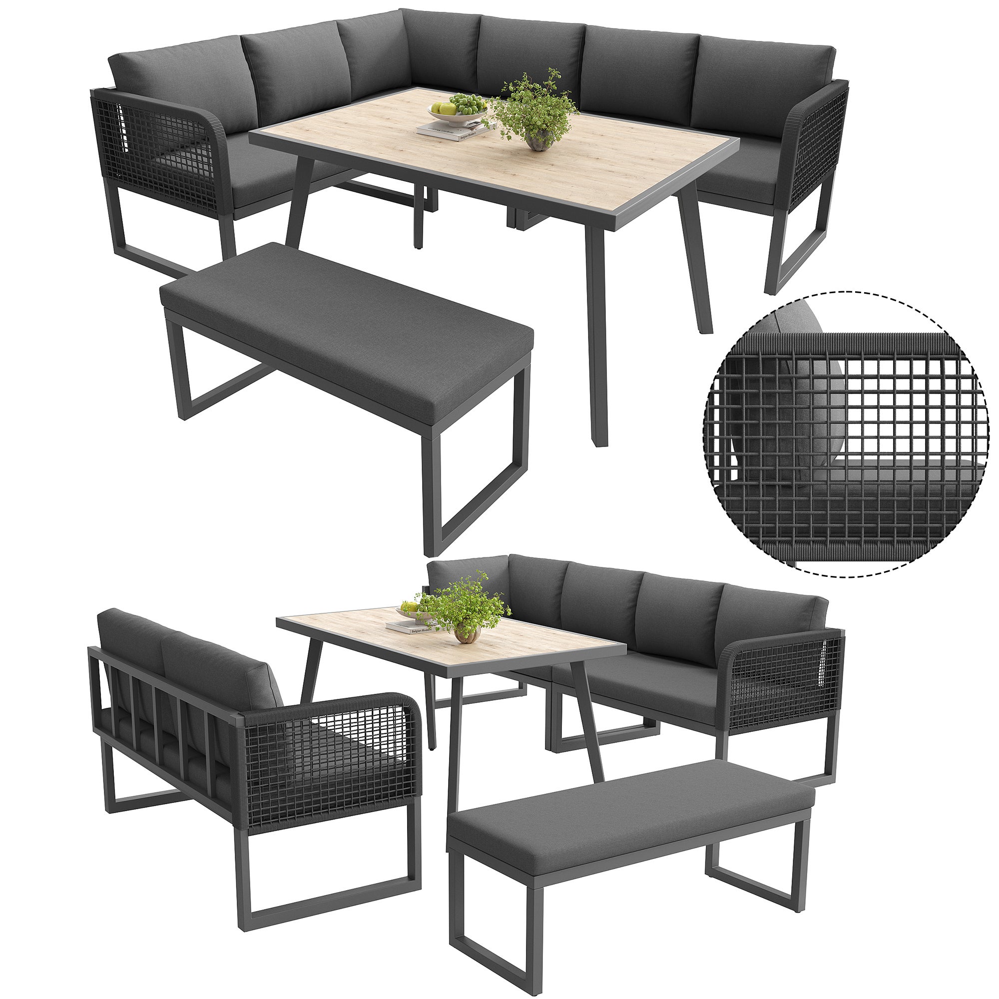 Set di mobili da giardino, set di mobili in rattan PE per 6-8 persone - divano angolare - in ferro zincato - piano del tavolo effetto legno, grigio - 5
