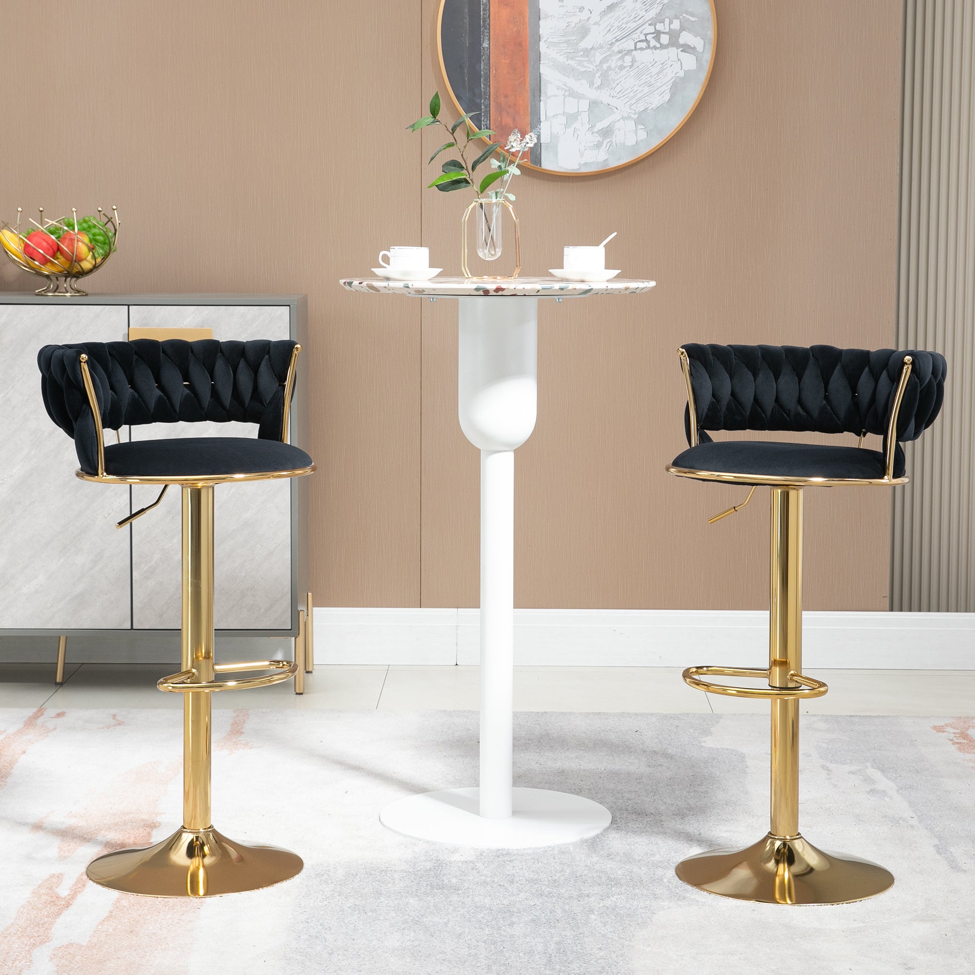 Zestaw 2 regulowanych i obrotowych hokerów barowych z podłokietnikami - 54 x 46 x 78-97 cm - Aksamit - Czarny