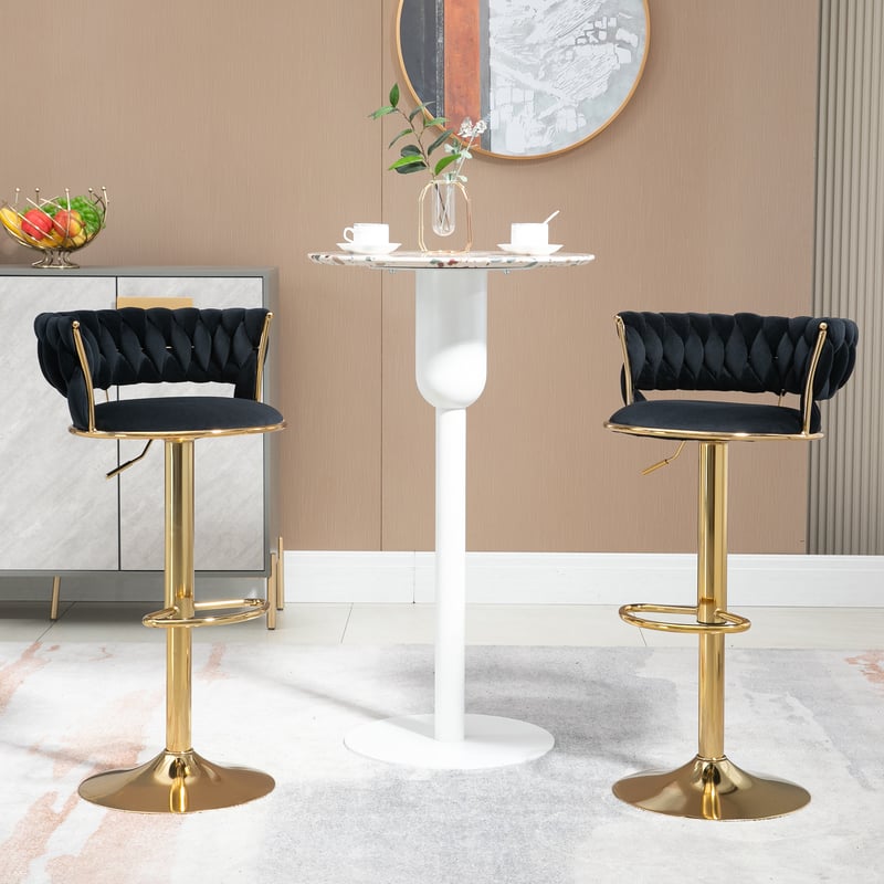 Zestaw 2 regulowanych i obrotowych hokerów barowych z podłokietnikami - 54 x 46 x 78-97 cm - Aksamit - Czarny