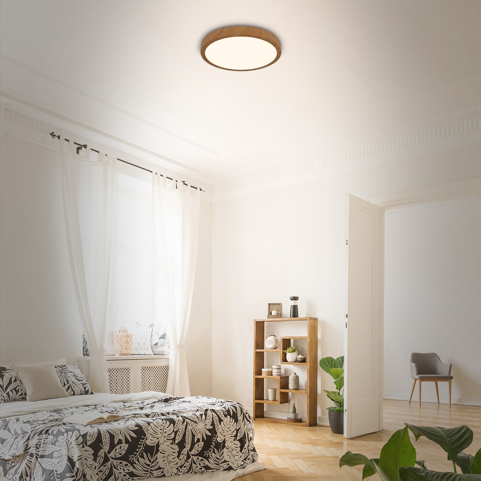 Plafonnier LED - avec cadre bois - IP20 - D.380 mm - aspect bois naturel - blanc chaud 3000K - 24W / 2900lm - Briloner - 5