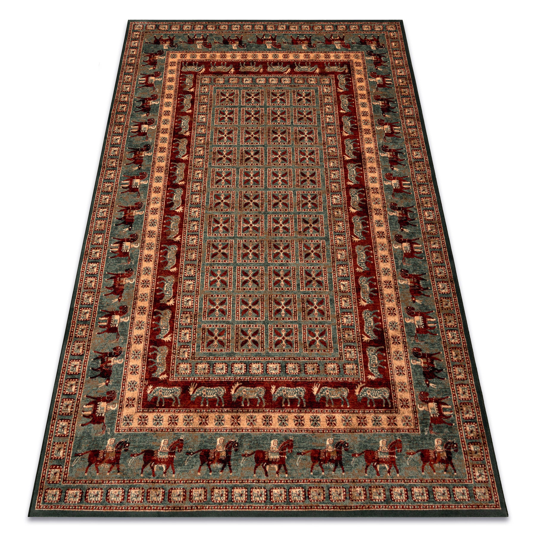 Dywan wełniany KASHQAI 4301 401 orientalny, ramka zielony / terakota 135x200 cm