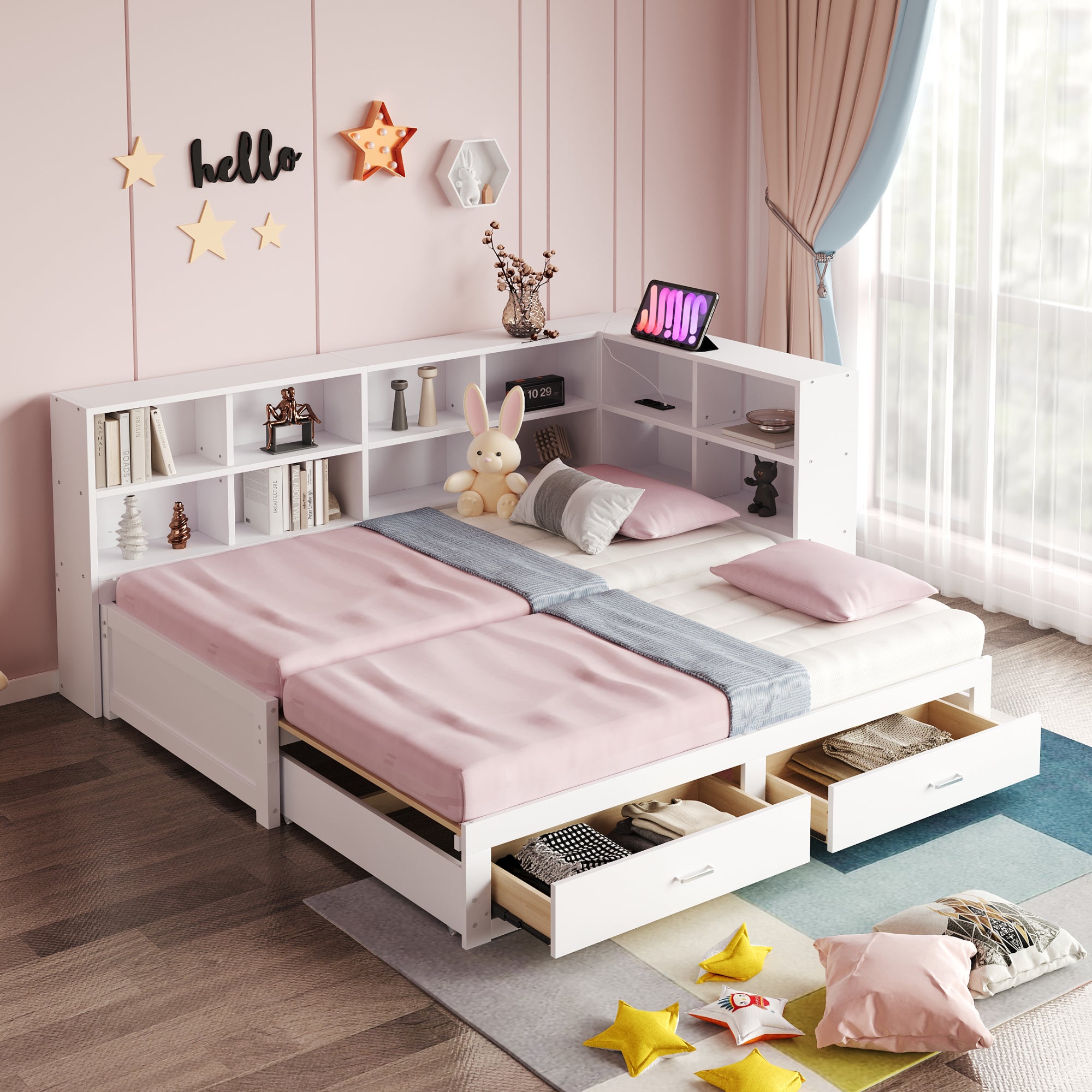 Sofa z litego drewna 90x190 cm - z łóżkiem wysuwanym - ze schowkiem - z 2 szufladami - podstawa z listew - biała (bez materaca)