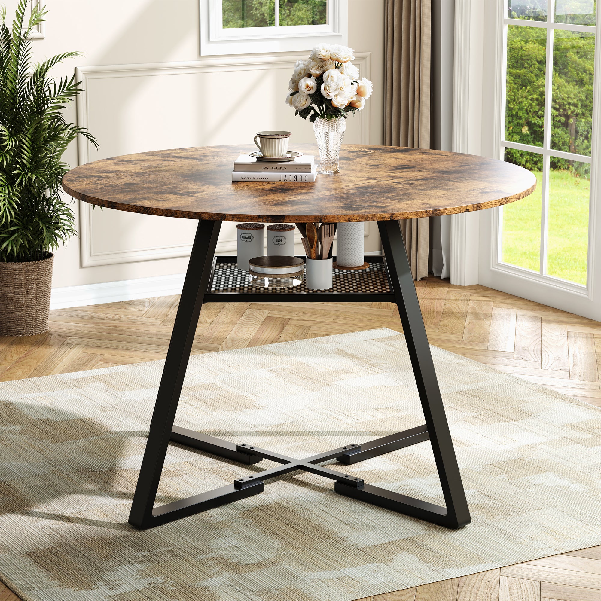 Grande Table à Manger Ronde Avec Rangement - Table En Bois Massif (pieds En Métal) - 120 Cm - 5