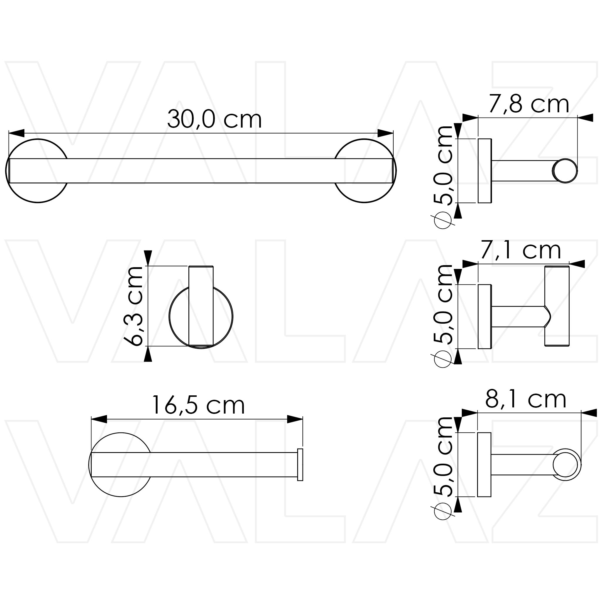Valaz Accesorios de baño en negro mate Toallero 30cm+ Percha+ Portarollos - 2Perchas - 2