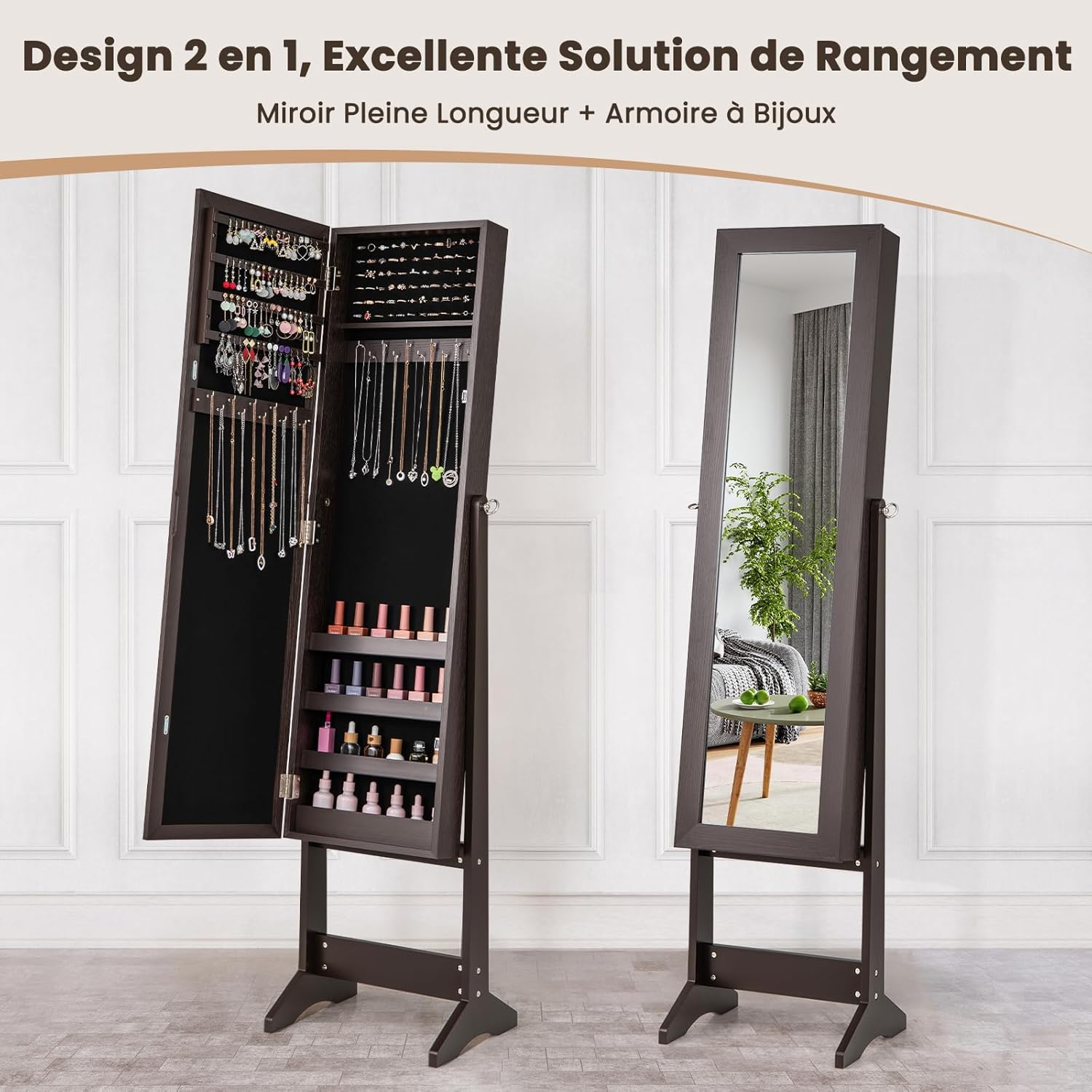 Armoire à Bijoux sur Pied avec Miroir Inclinable en 3 Positions, Armoire de Rangement Cosmétiques de Grande Capacité avec 4 Étagères(Marron) - 3