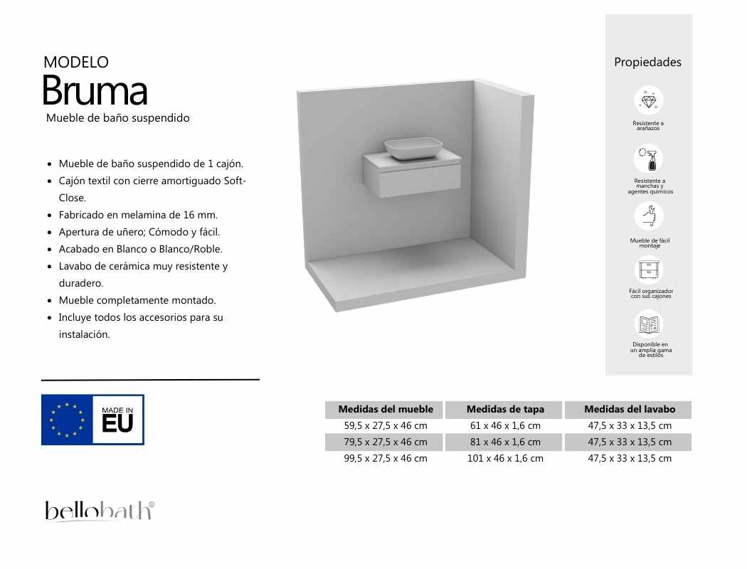BELLOBATH - Móvel de Banheiro Suspenso com Lavatório de Cerâmica, Móvel de Banheiro com 1 Gaveta, 100 x 27 x 46 cm, Móvel Branco - 5