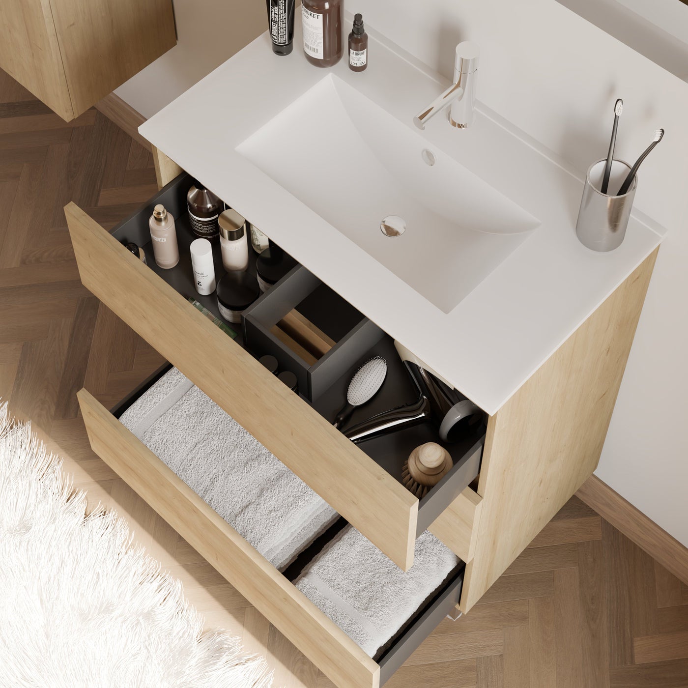 Meuble de salle de bain 60cm simple vasque - 3 tiroirs - nebraska&nbsp;(bois clair) - MAYOR - 3