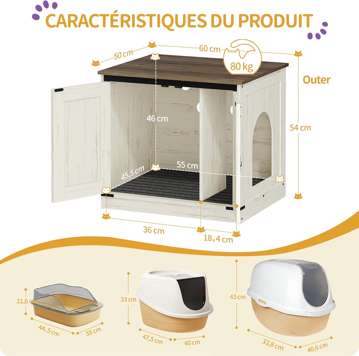 Caixa de areia para gatos, armário para areia com divisória amovível, casota para gatos, entrada reversível (esquerda ou direita), castanho e branco. - 7