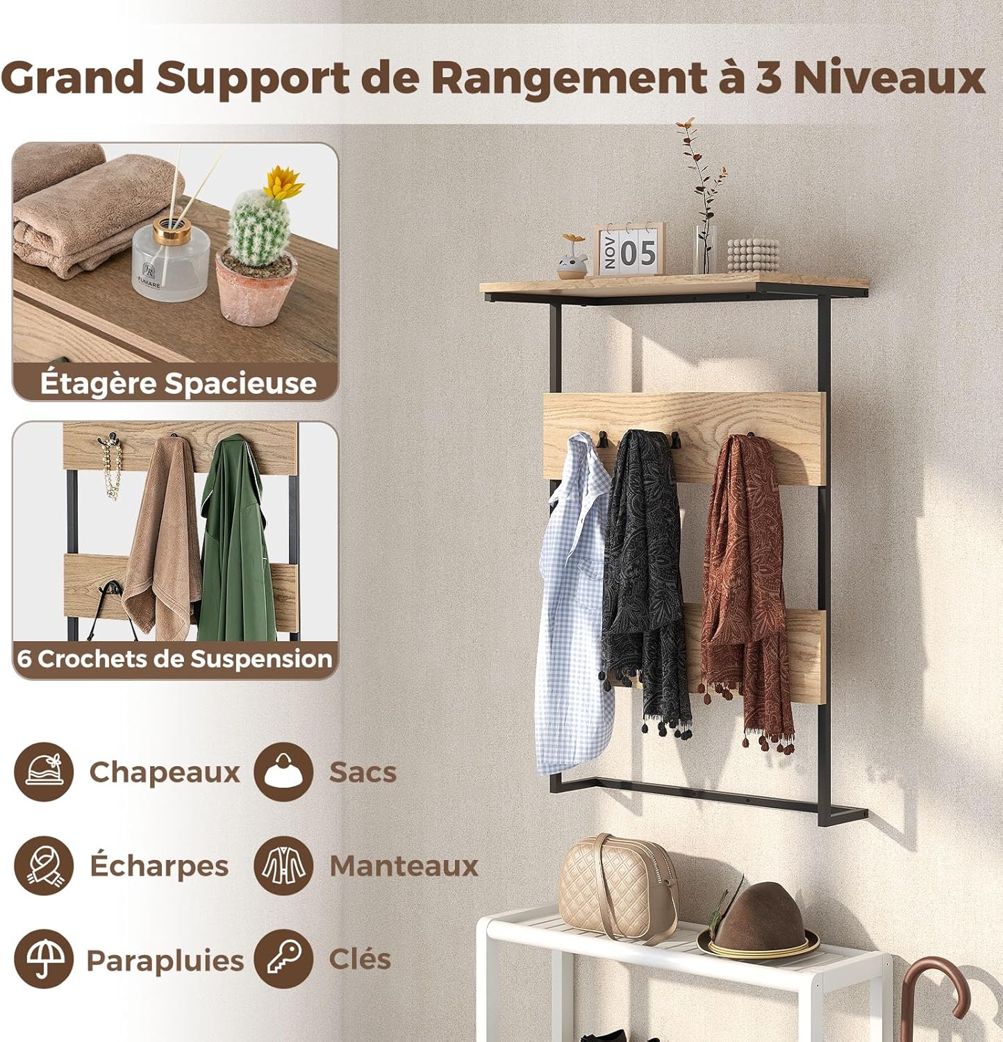 Organizador Pared Salón Dormitorio Juego De 2 Percheros De Pared YMYNY - 42 Cm, 4 Ganchos Triples, Estilo Rústico, Para Entrada, Baño O Dormitorio Perchero Pared