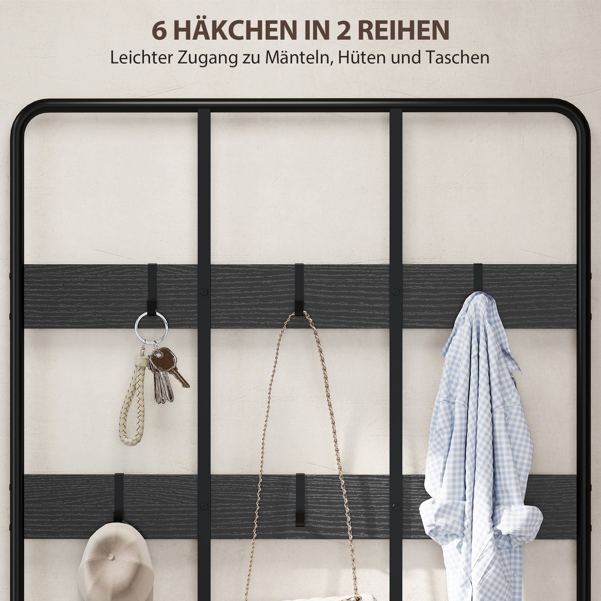 Commode 3 en 1 : porte-manteau, patère, banc, étagère à chaussures, métal, panneau de fibres, noir - 7