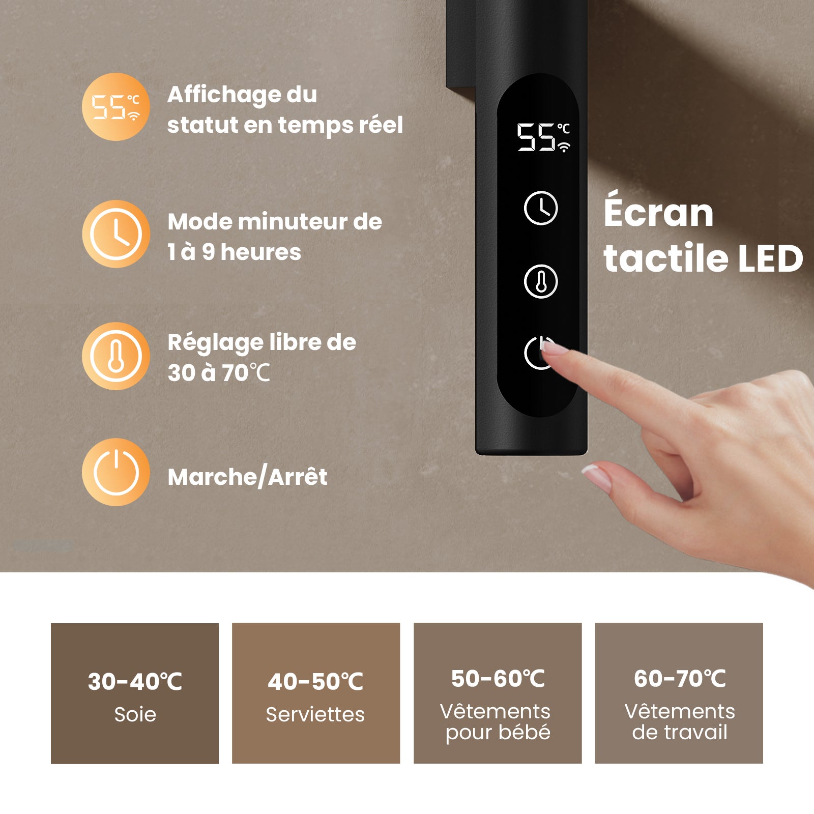 EMKE Sèche-serviettes Électrique Pivotant 180° avec Étagère - WiFi & Vocal - 76 x 45 cm, 120 W, Noir Mat - 8