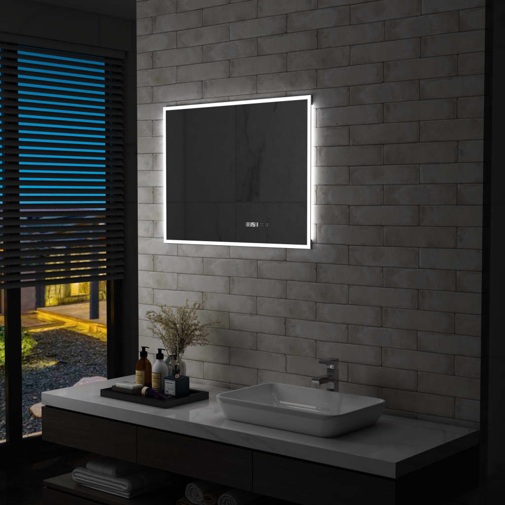 Espejo led y sensor táctil y visualización de la hora 80x60 cm