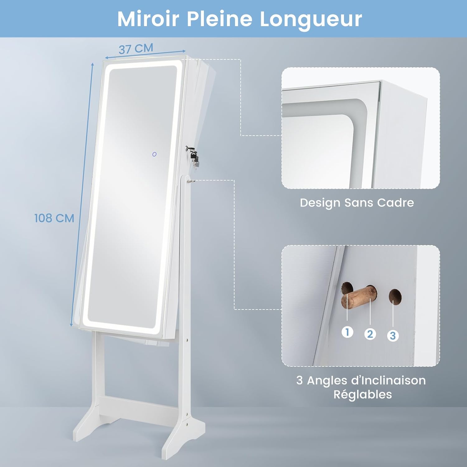 Armoire à Bijoux avec Miroir, Armoire de Rangement sur Pied pour Boucles d'Oreilles, Organisateur de Bijoux Verrouillable avec Lumières(Blanc) - 2