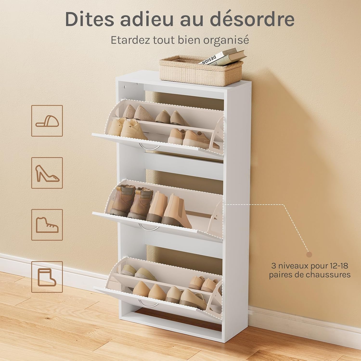 Meuble à Chaussures WOLTU, pour 14-18 Paires, 58x23x118cm, Armoire à Chaussures Étroite avec 3 Abattants, en Bois d'Ingénierie, Blanc - 2
