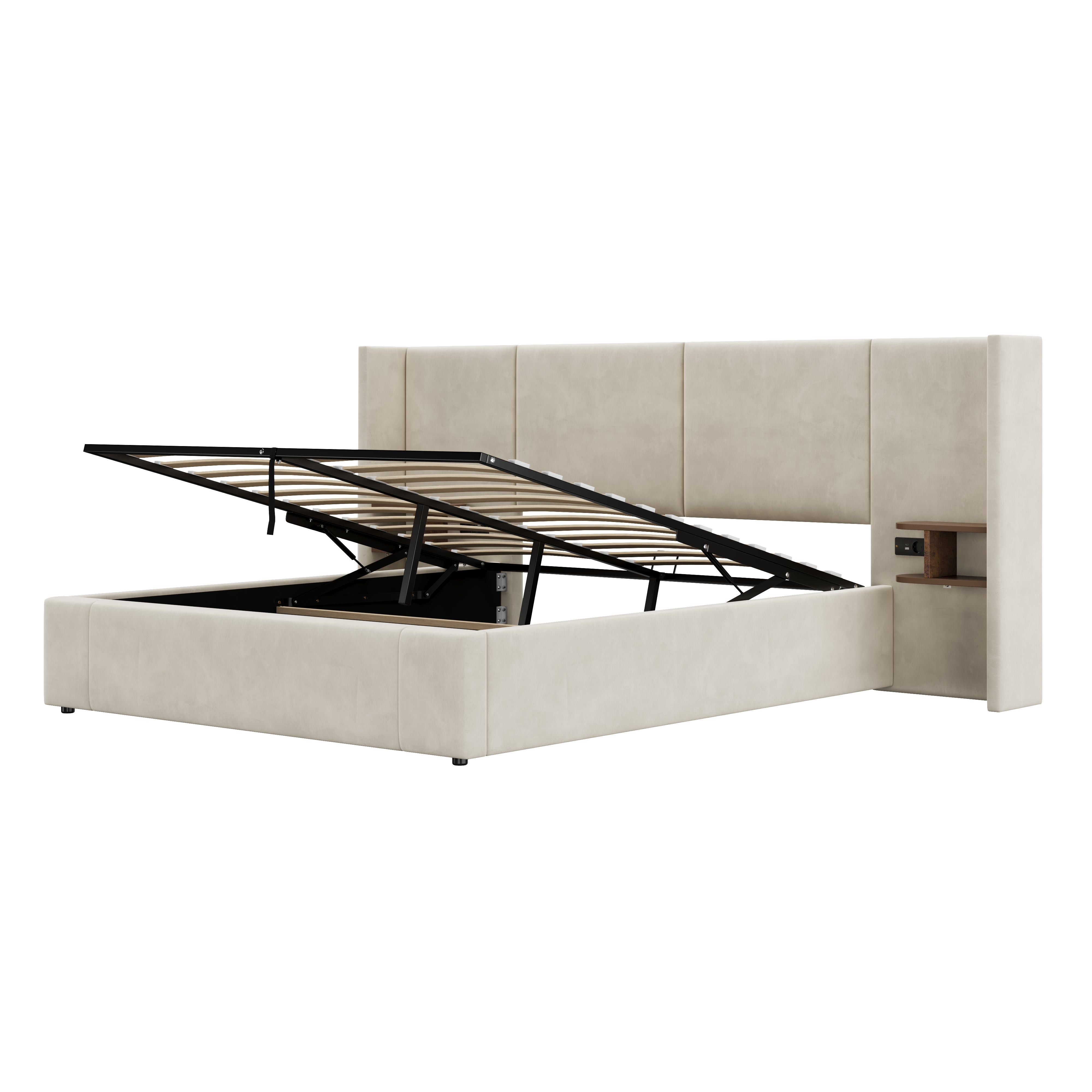 Łóżko z weluru - 160x200cm - z portem USB i 2 szafkami nocnymi - z stelażem na listwy - Beżowe - 7