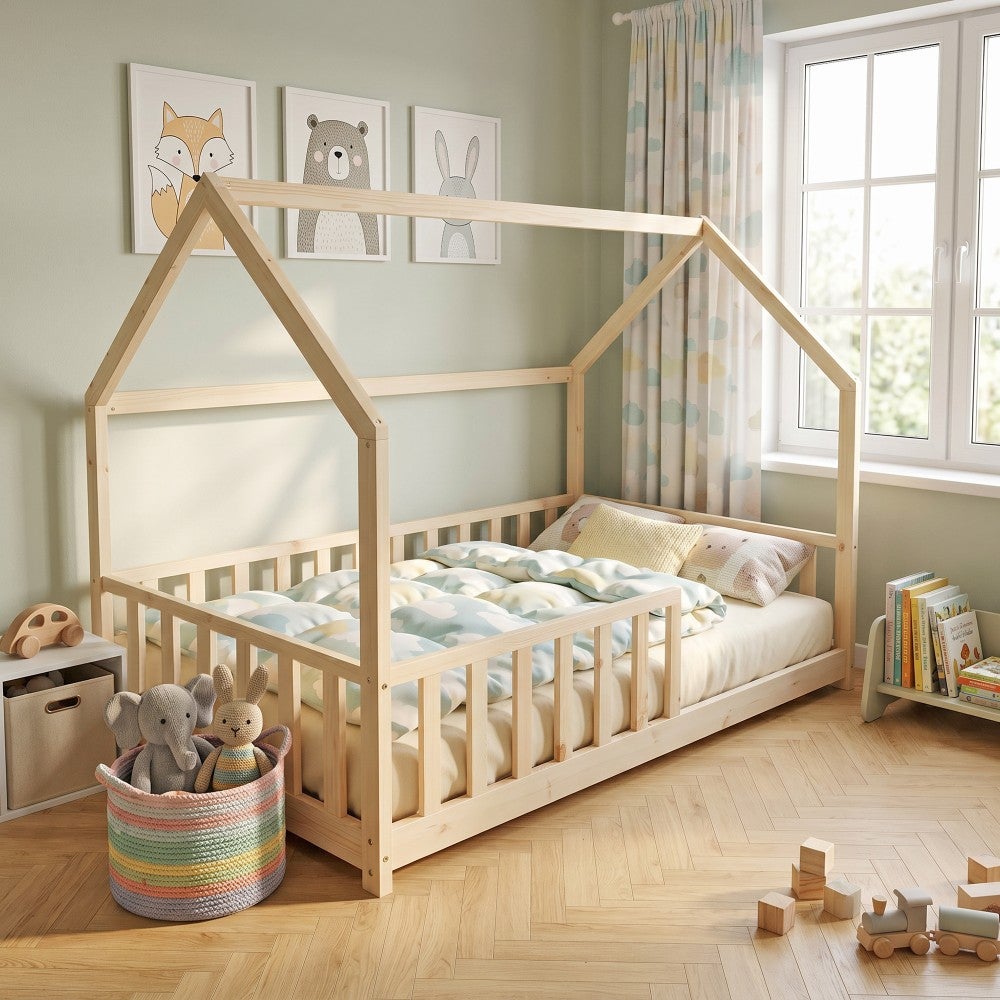 Lit cabane Kiwi 90x190 + 1 sommier + barrière /Bois clair - 6