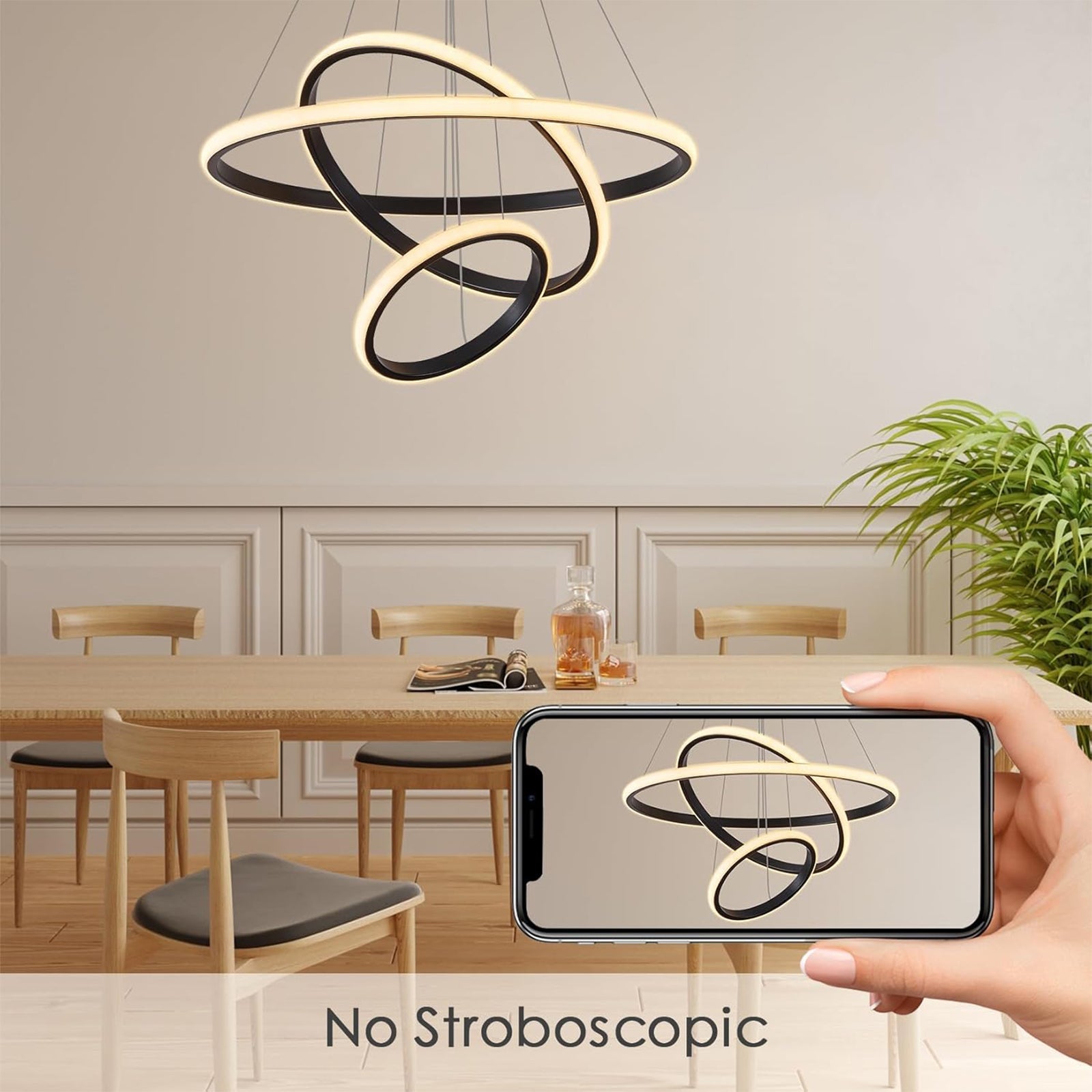 GOECO Suspension Luminaire dimmable - Lustre LED Moderne pour Salon Salle à Manger - Avec télécommande Hauteur Réglable - Noir - Ø.20+40+60cm - 6
