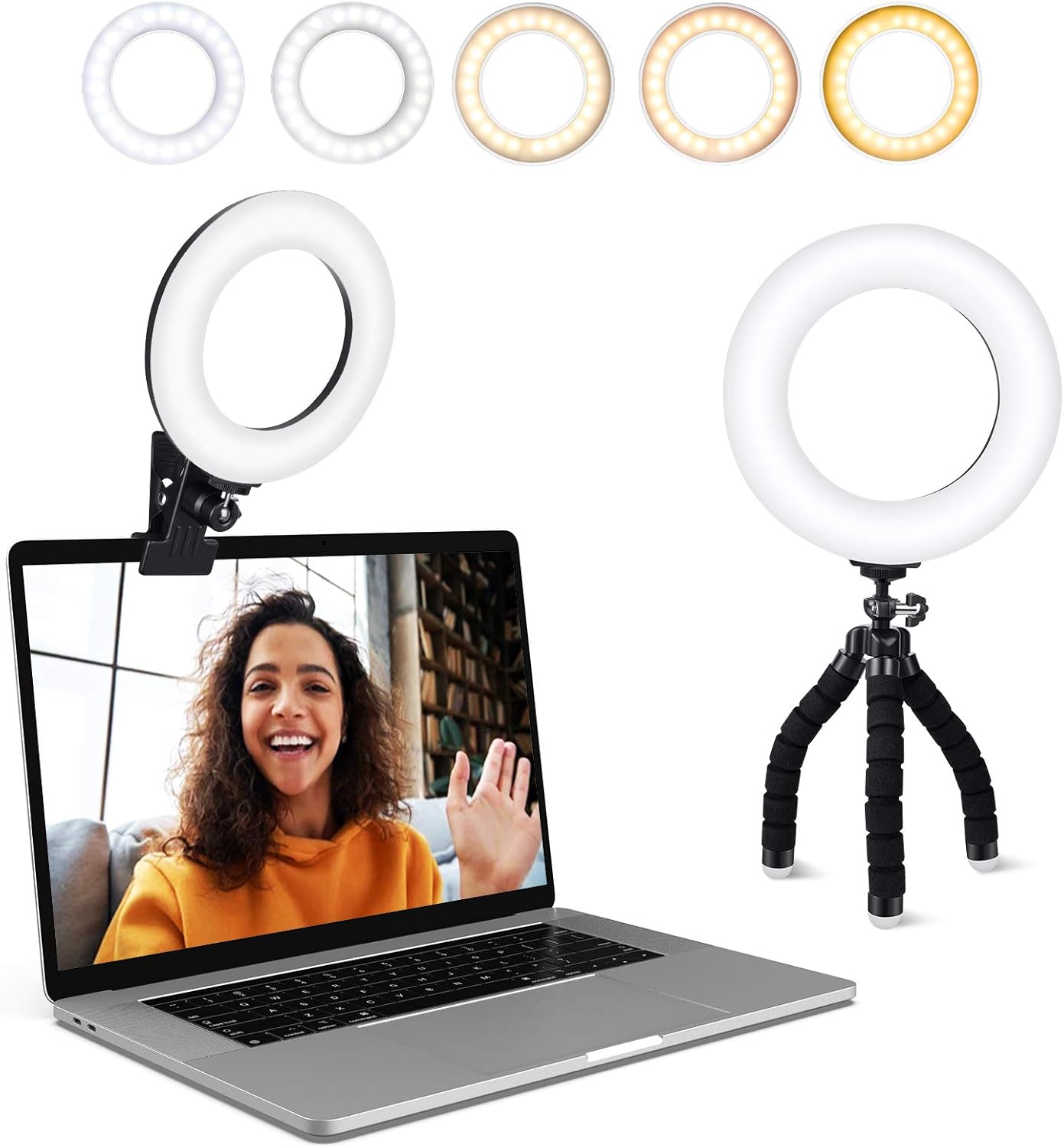 Zestaw oświetleniowy do wideokonferencji – lampa pierścieniowa do laptopa z klipsem, z 5 regulowanymi kolorami i 5 poziomami jasności