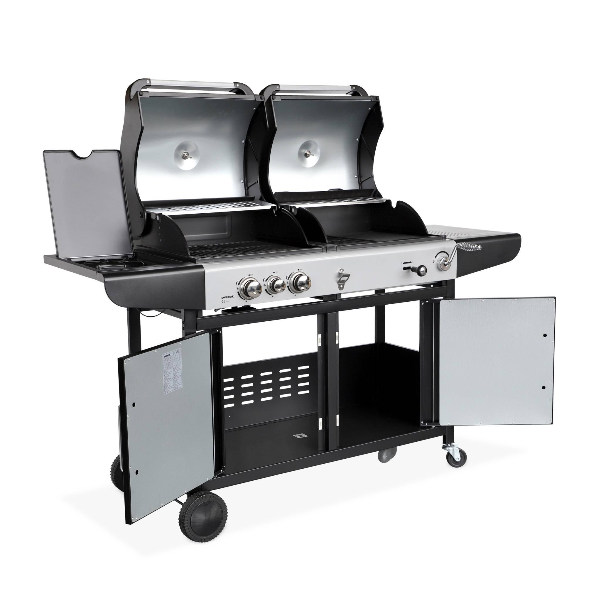 Barbecue combinato a gas e carbonella con fuoco laterale, Nero - 7