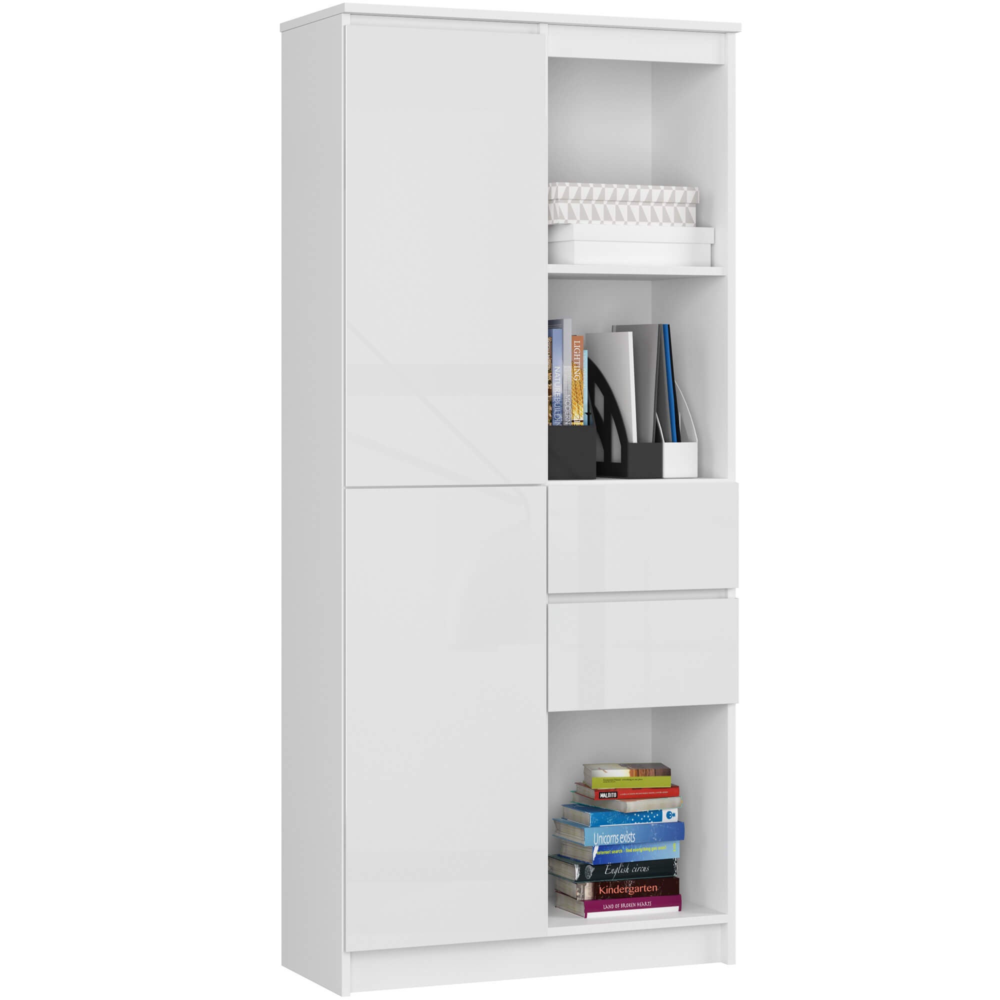Regał AKORD R15 Biały 80 cm 1 drzwi 2 szuflady kolor Biały Połysk 7 półek 80x35x180 cm