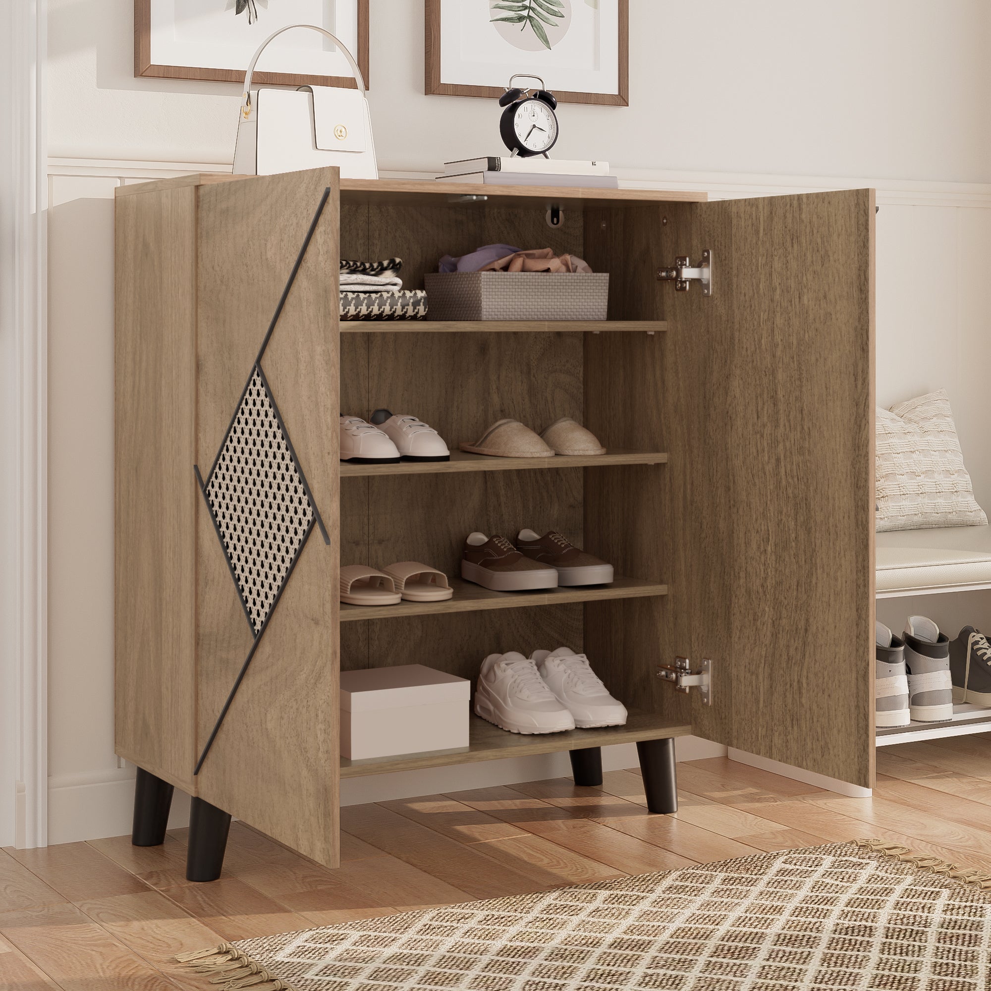 Szafka na buty z 2 drzwiami imitującymi rattan - 80 x 32 x 91 cm - Płyta wiórowa i nogi z tworzywa PVC - Kolor drewna - 7