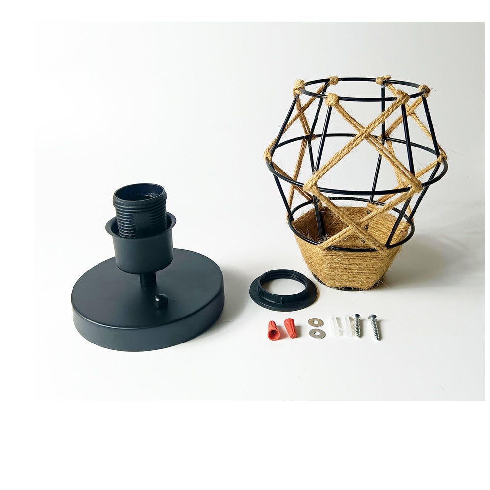 Lampada da soffitto in ferro con gabbia vintage da 4 pezzi, illuminazione per corridoio, sala da pranzo, lampada in corda di canapa (senza lampadina) - 3