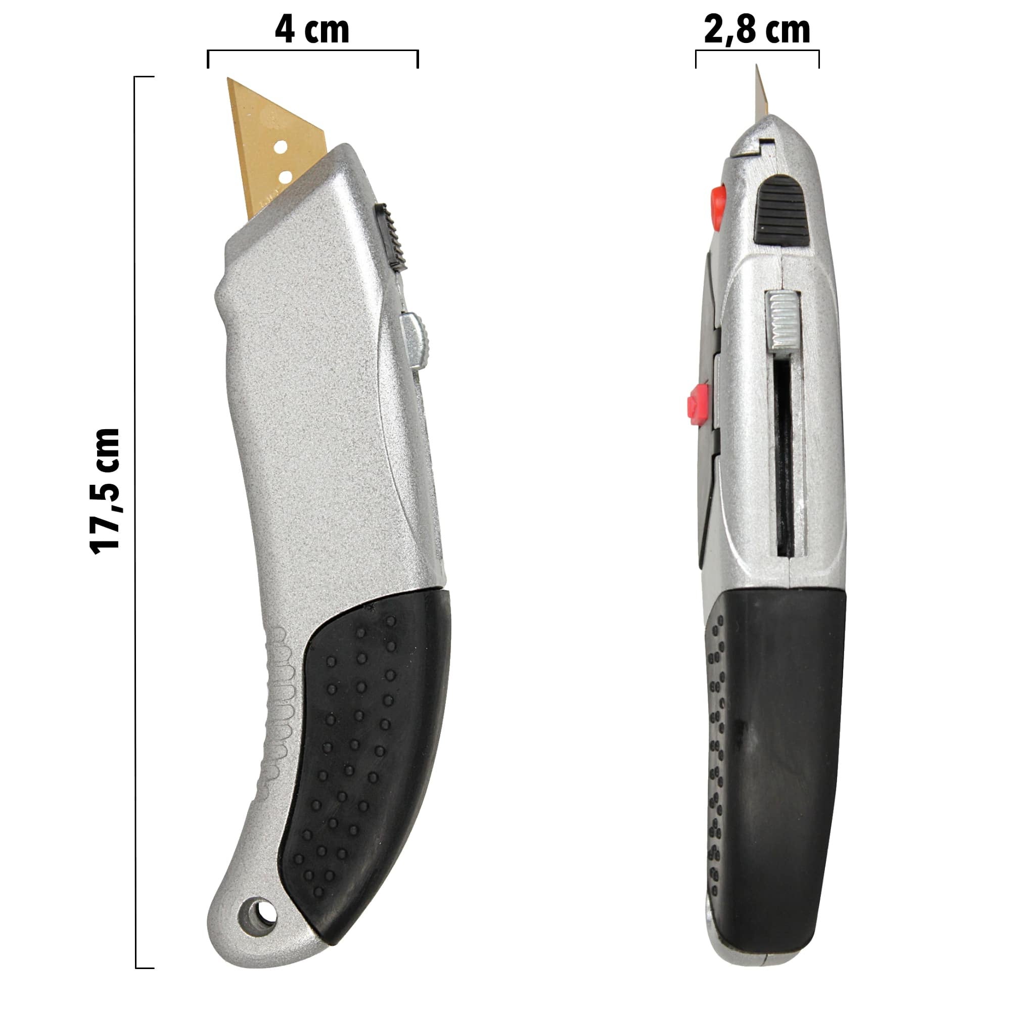Cutter Professionnel - Reservoir 3 lames Titanium Incluses - Rechargement automatique - 3 Niveaux de Blocage Anti Retour - Manche Metal - Lames 20 mm - 7