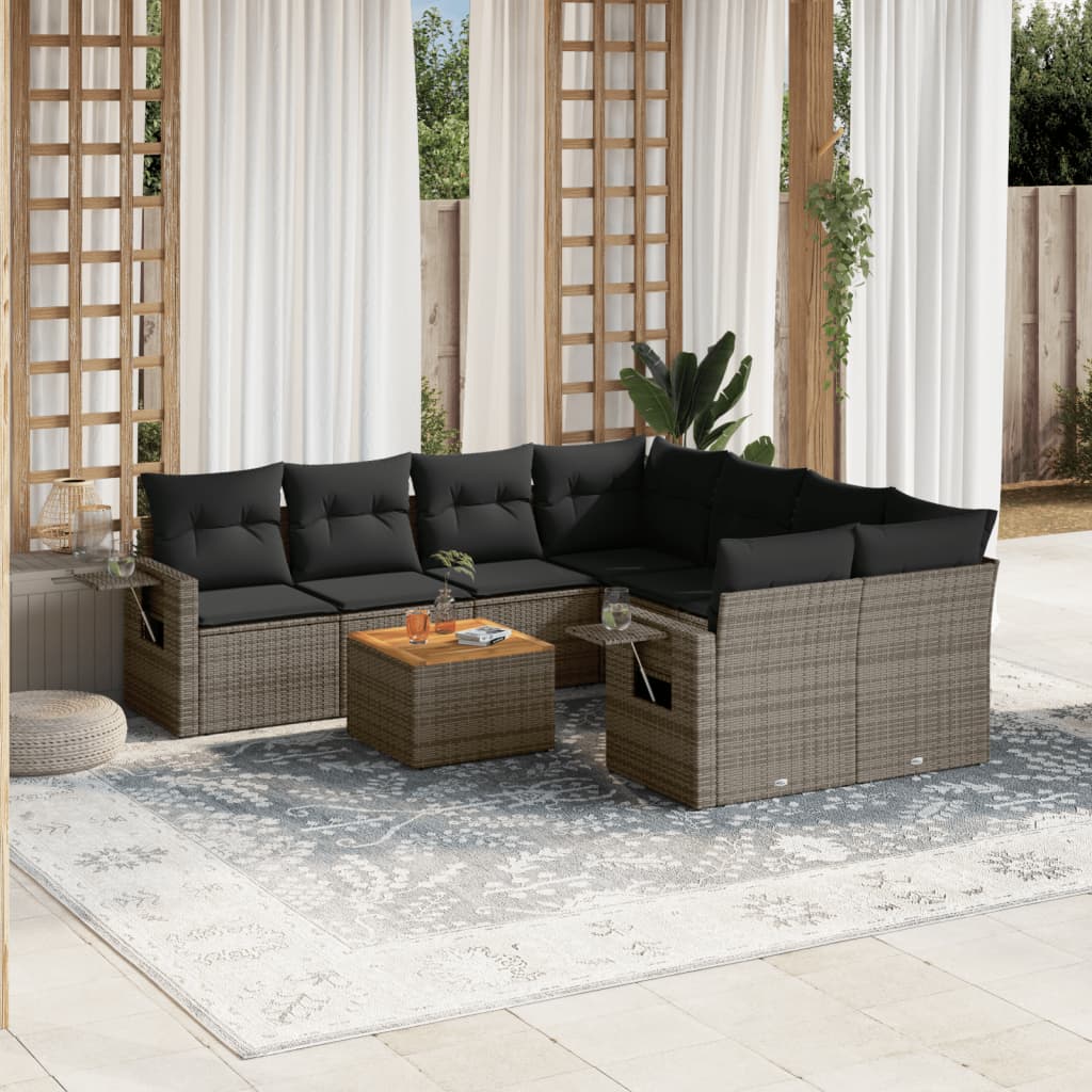 Salon De Jardin 9 Places En Résine Tressée Gris - Canapé D'Angle + Coussins - VidaXL