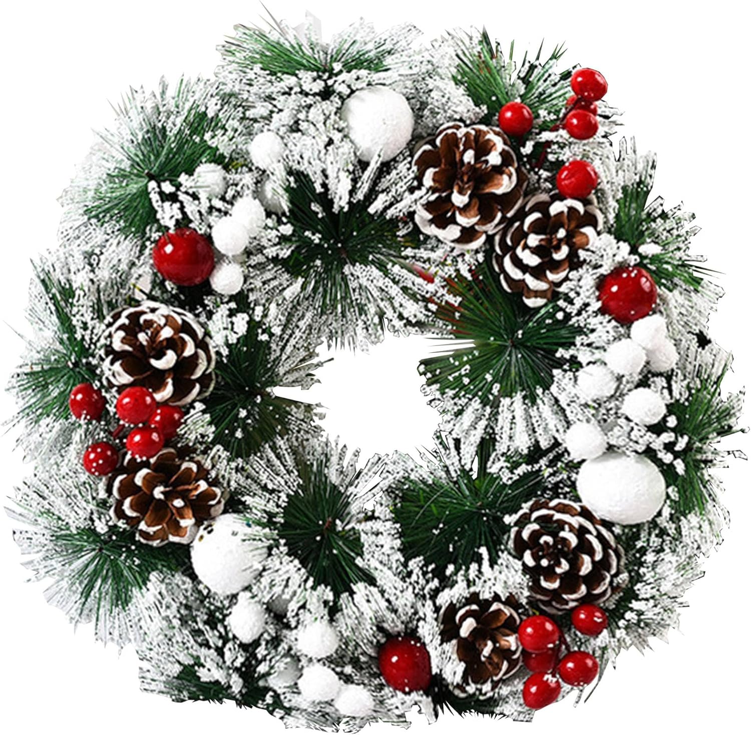 1 Zielono-biały wianek świąteczny (30 cm) z szyszkami sosnowymi w kolorze śnieżnobiałym, idealny na drzwi wejściowe, kominek i dekorację ścienną