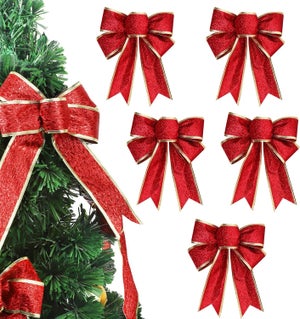 24 Nœuds De Décoration De Noël Rouges à Paillettes - 5,5x5 Cm, Avec Fil De Suspension
