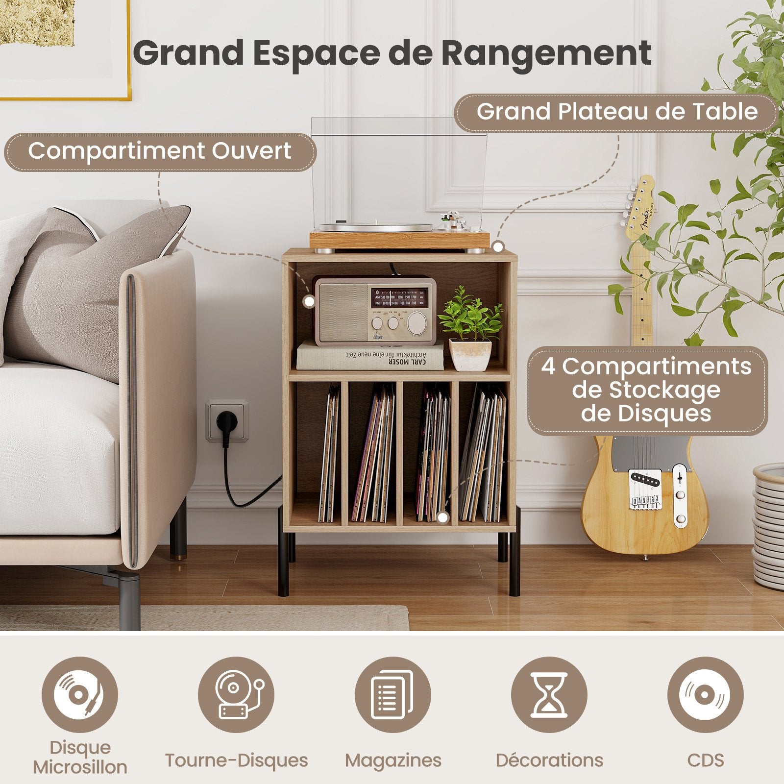 Meuble Platine Vinyles avec Station de Charge - 53x45x78,5cm-2 Prise, 2 USB & 1 Type C - Support Tourne-Disque 5 Compartiments - Kits Anti-basculement - 4