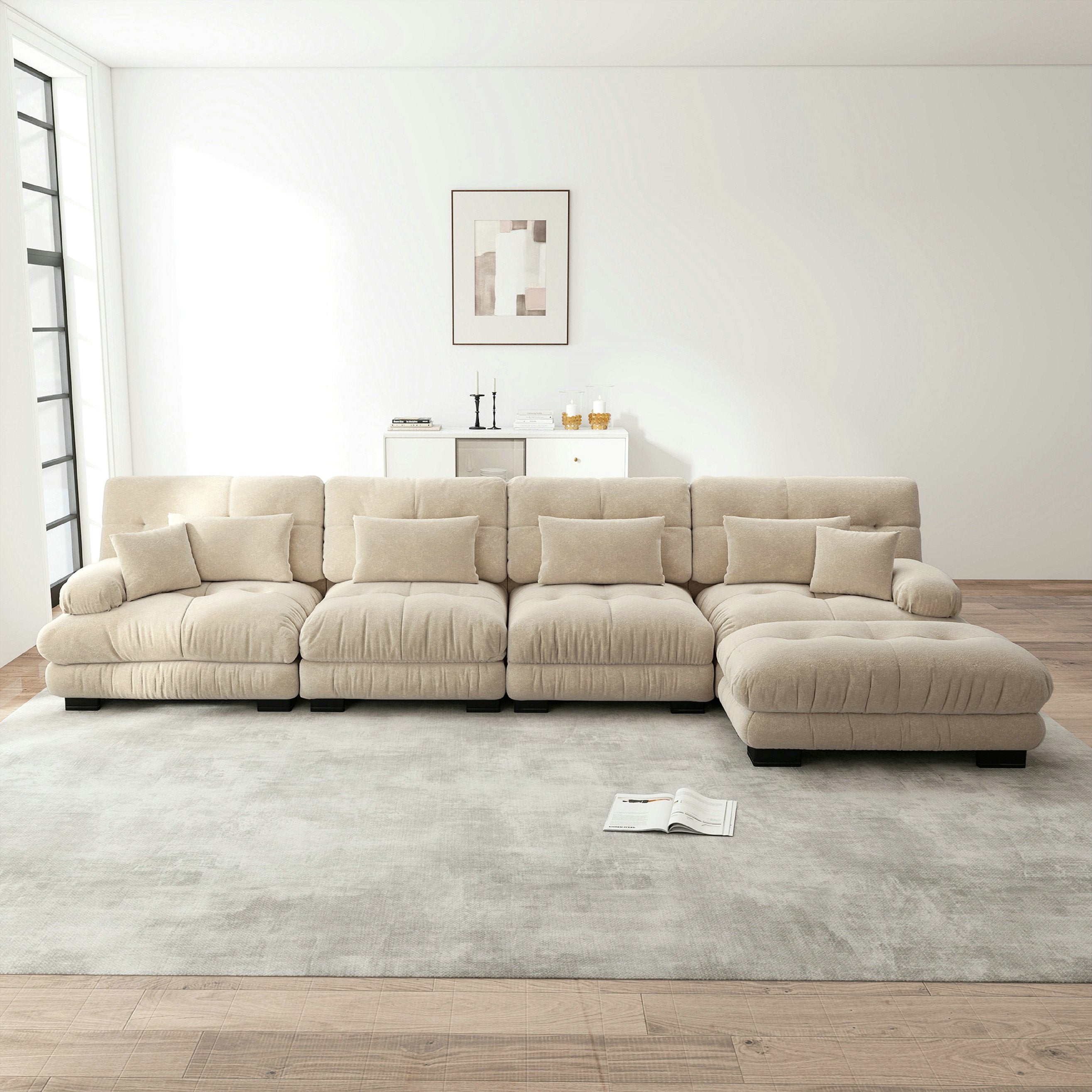 Canapé d\'angle modulable, ensemble en forme de L 4 places confortable effet nuage - avec pouf amovible - chenille marron clair - 3
