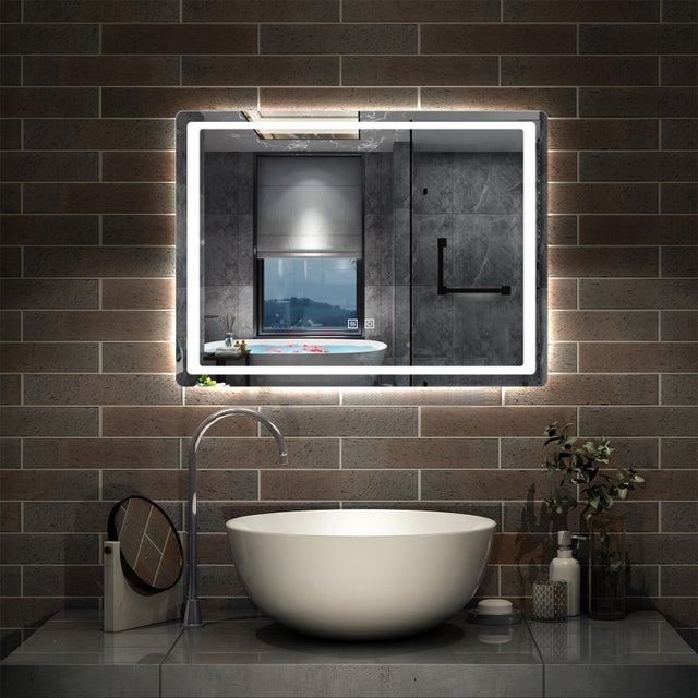 Aica Espejo de baño LED 90 x 65cm, Antivaho, Memoria de fallo de corriente, Dos botones