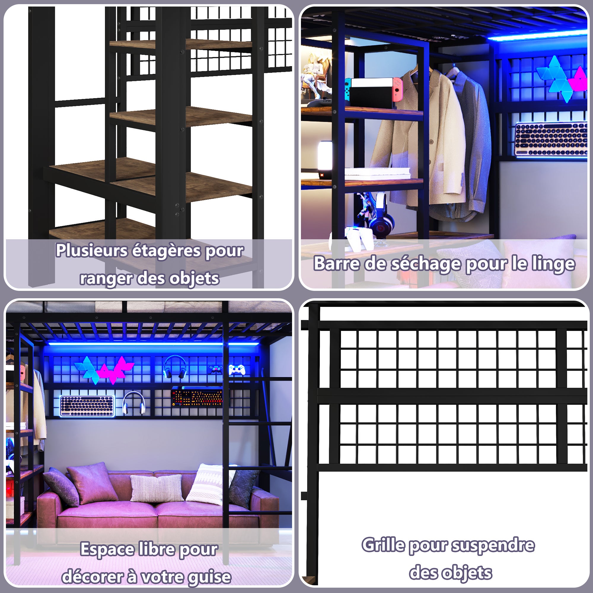 Lit mezzanine 90x200cm multifonction avec rangements, Lit simple avec LED intégrées, filet suspendu et barre pour vêtements, structure métallique Noir - 7