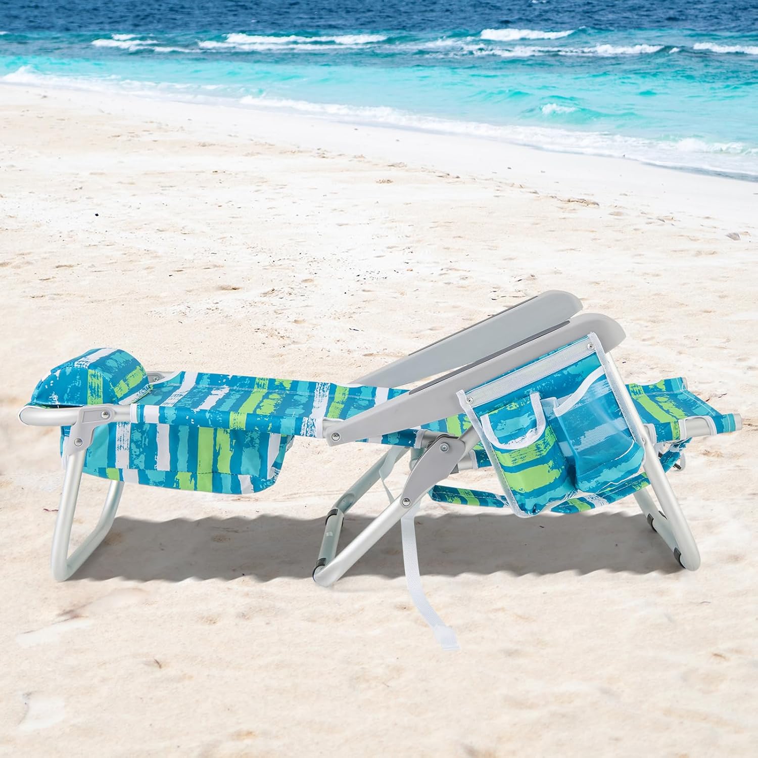 Chaise Plage Pliant pour Adulte, Camping Légère Portable en Alu., Dossier Réglable 5 Positions,Sac Rangement, Porte-Serviettes,à Plat,Charge 150KG - 2