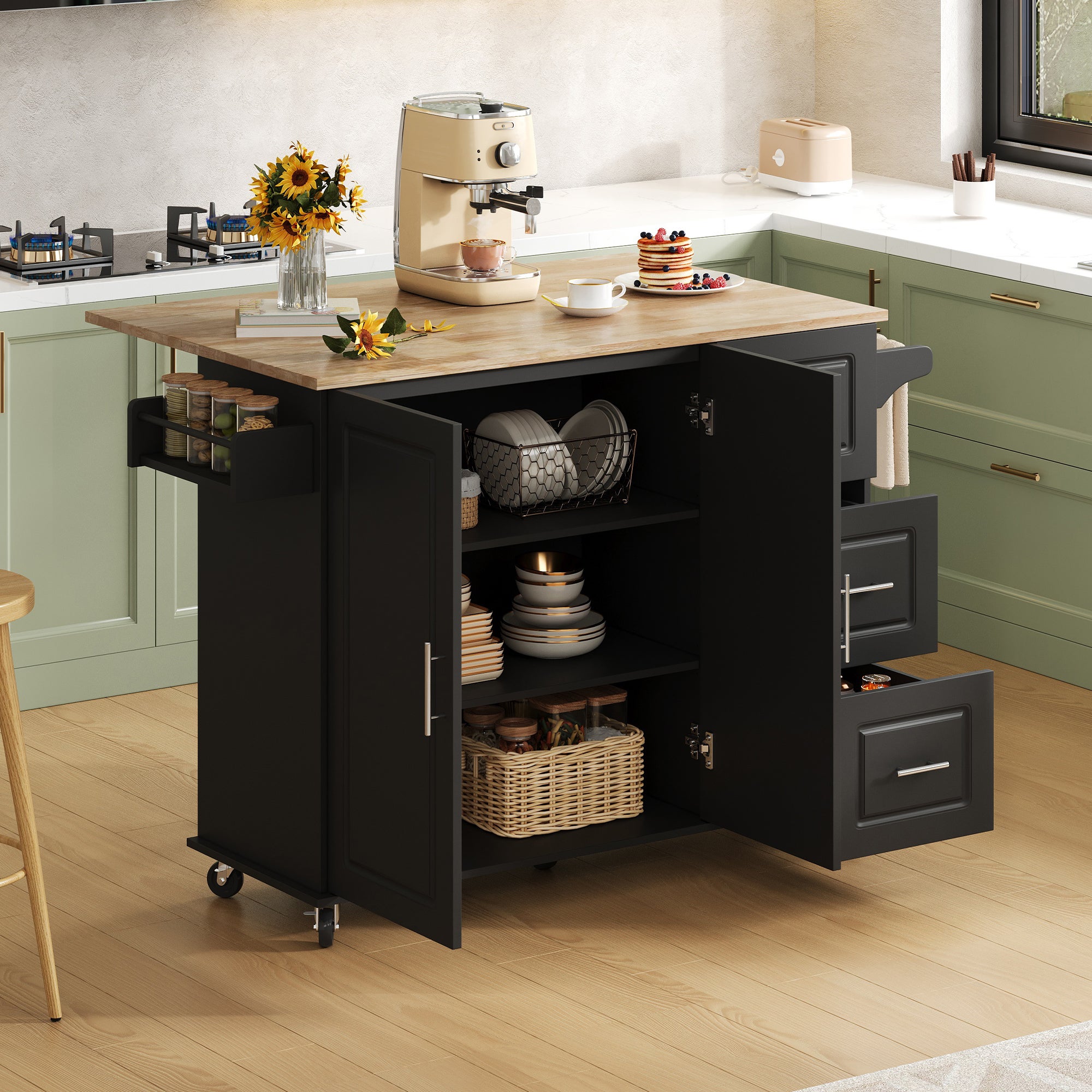 Ilot central de cuisine 137x43-76x92 cm - Plateau extensible, Cuisine multifonction avec 3 Tiroirs et Porte-Serviettes Plan de Travail en Chêne, Noir - 2